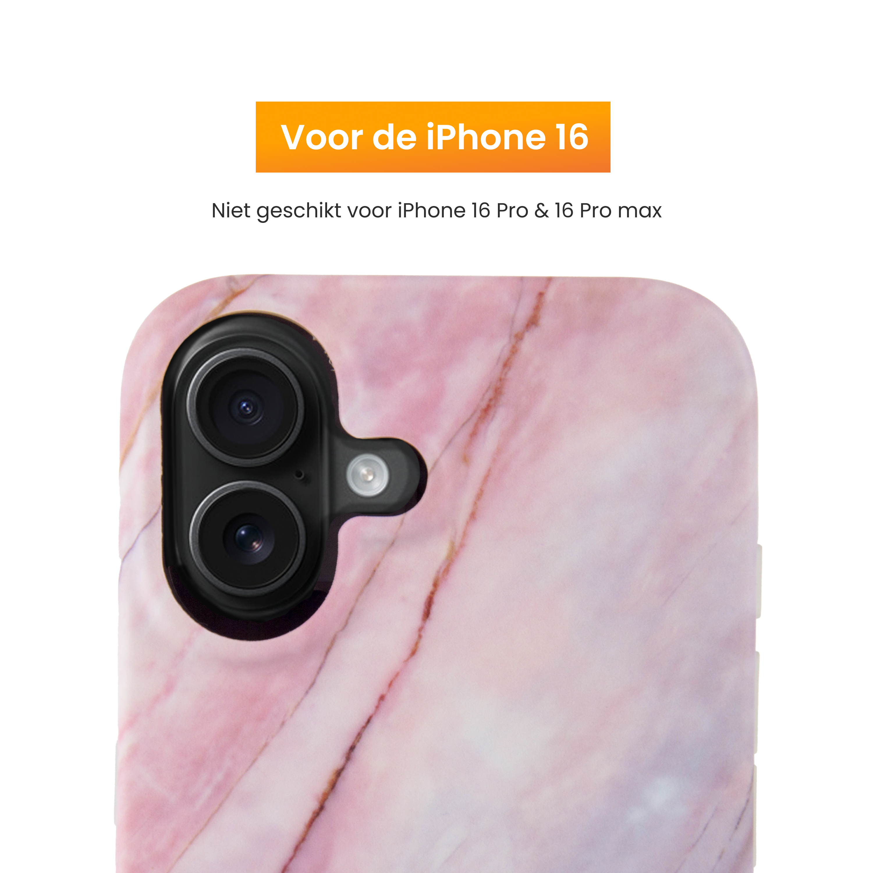 Phone case with pink marble design. Two camera lenses are visible. Text at the top indicates the model.