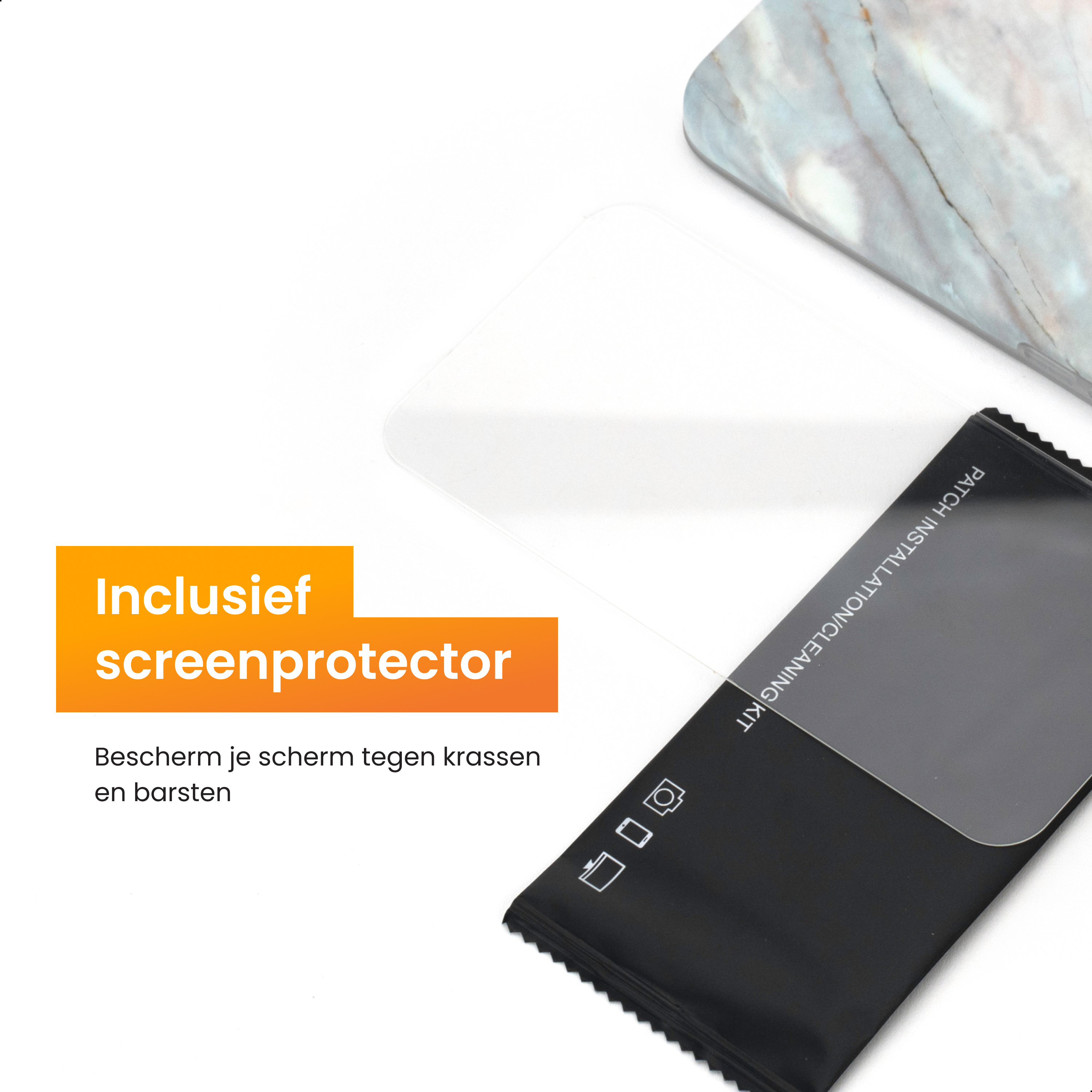 Image shows a screen protector kit. Includes a screen protector, a cleaning kit, and a marble-patterned object against a white background.