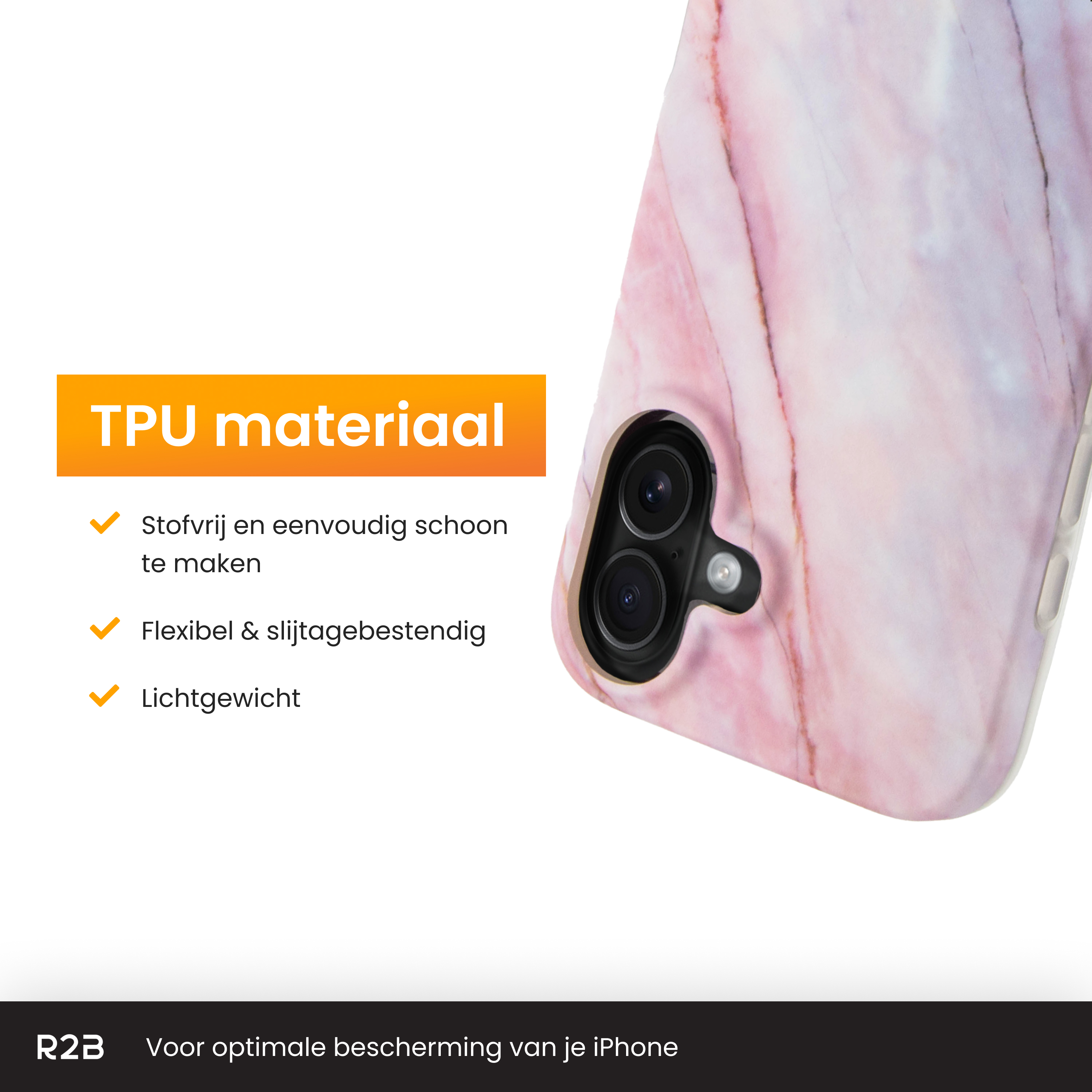 A phone case with a marble design and text. The case is pink and white. An orange banner says 'TPU materiaal'.