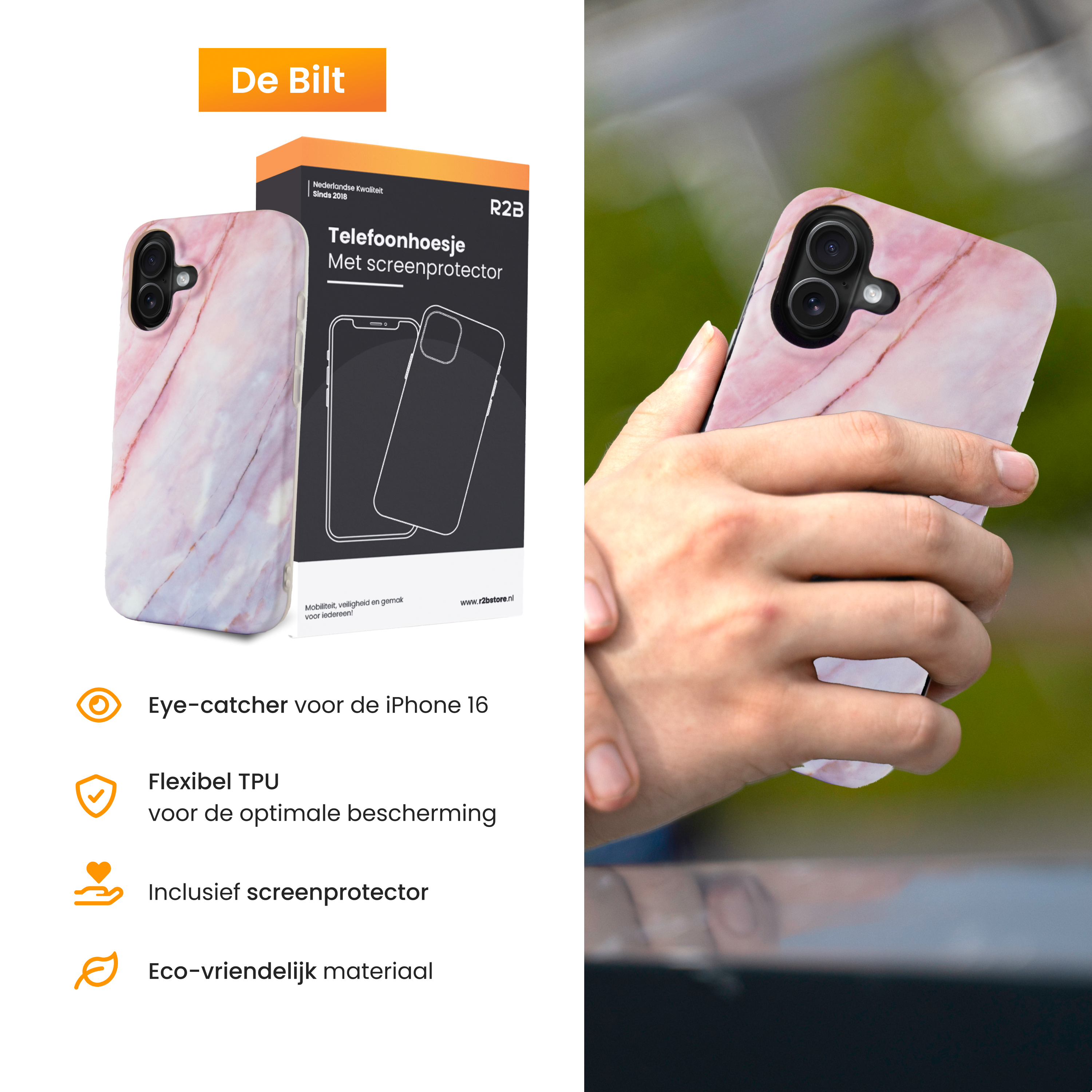 A person's hand holding a pink marble phone case. A box with text is to the left. Background is green.
