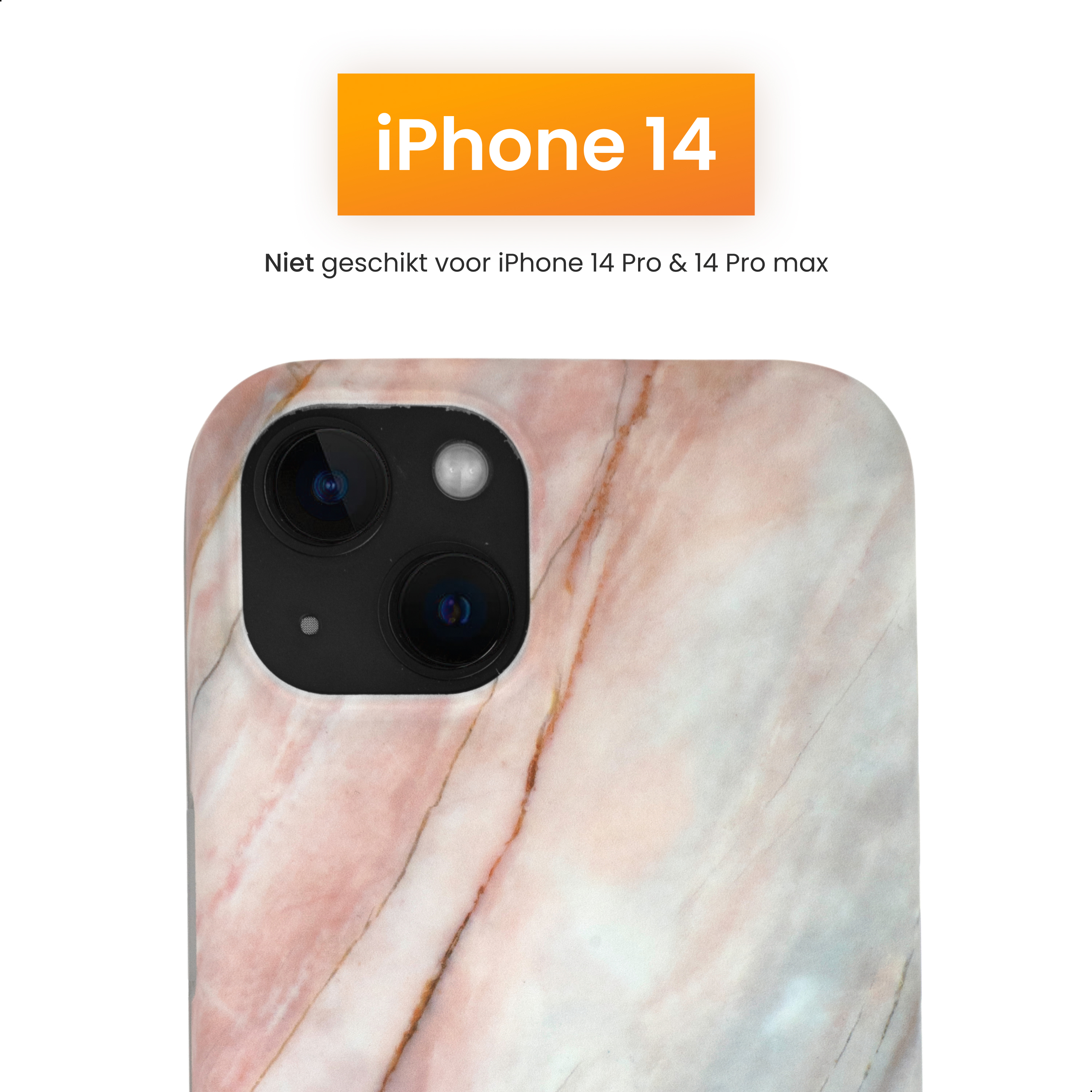 Une coque iPhone 14 avec un motif marbré rose et blanc, un module caméra noir et un fond blanc.