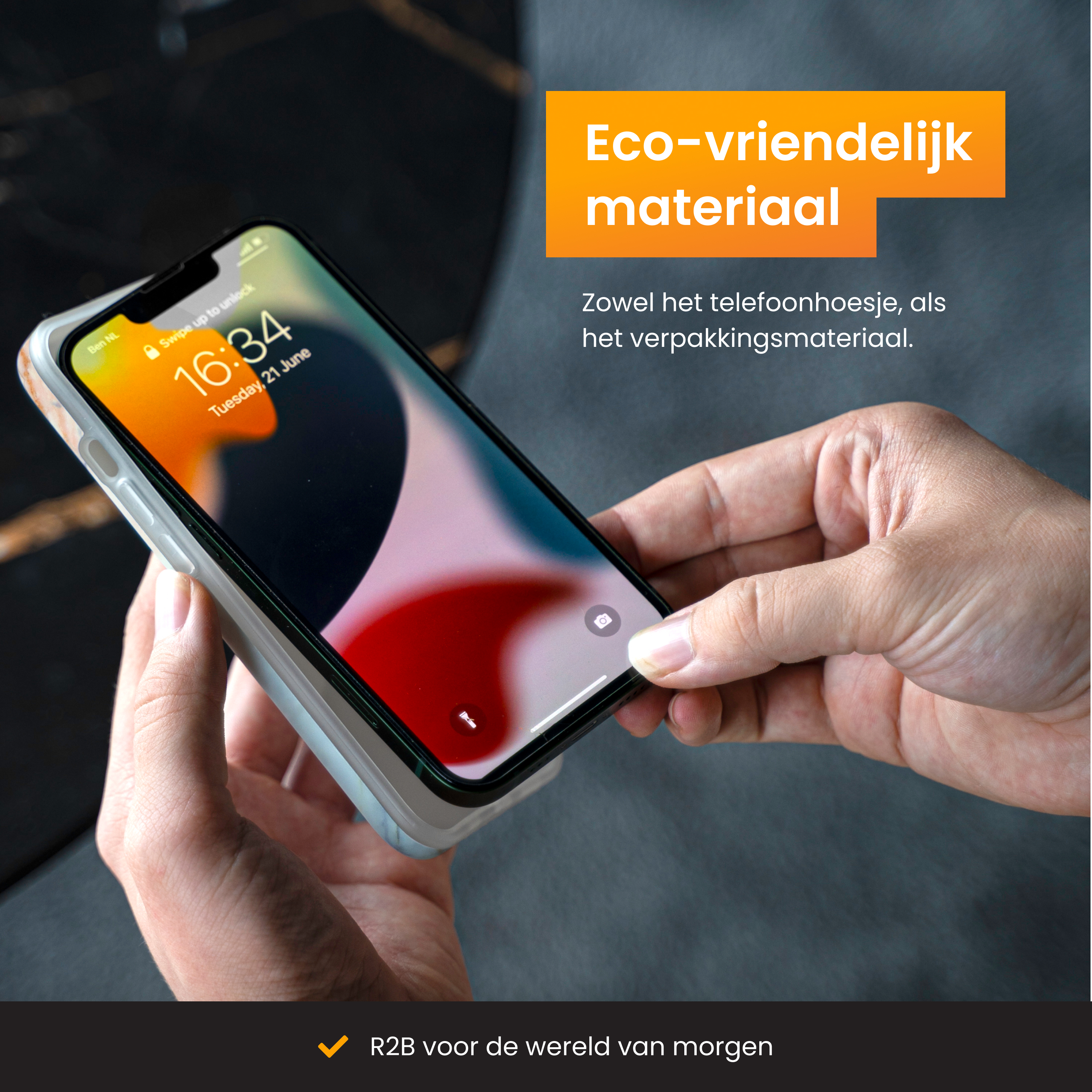 Hand holding a phone with a case. The screen shows time and date. Text says eco-friendly material.