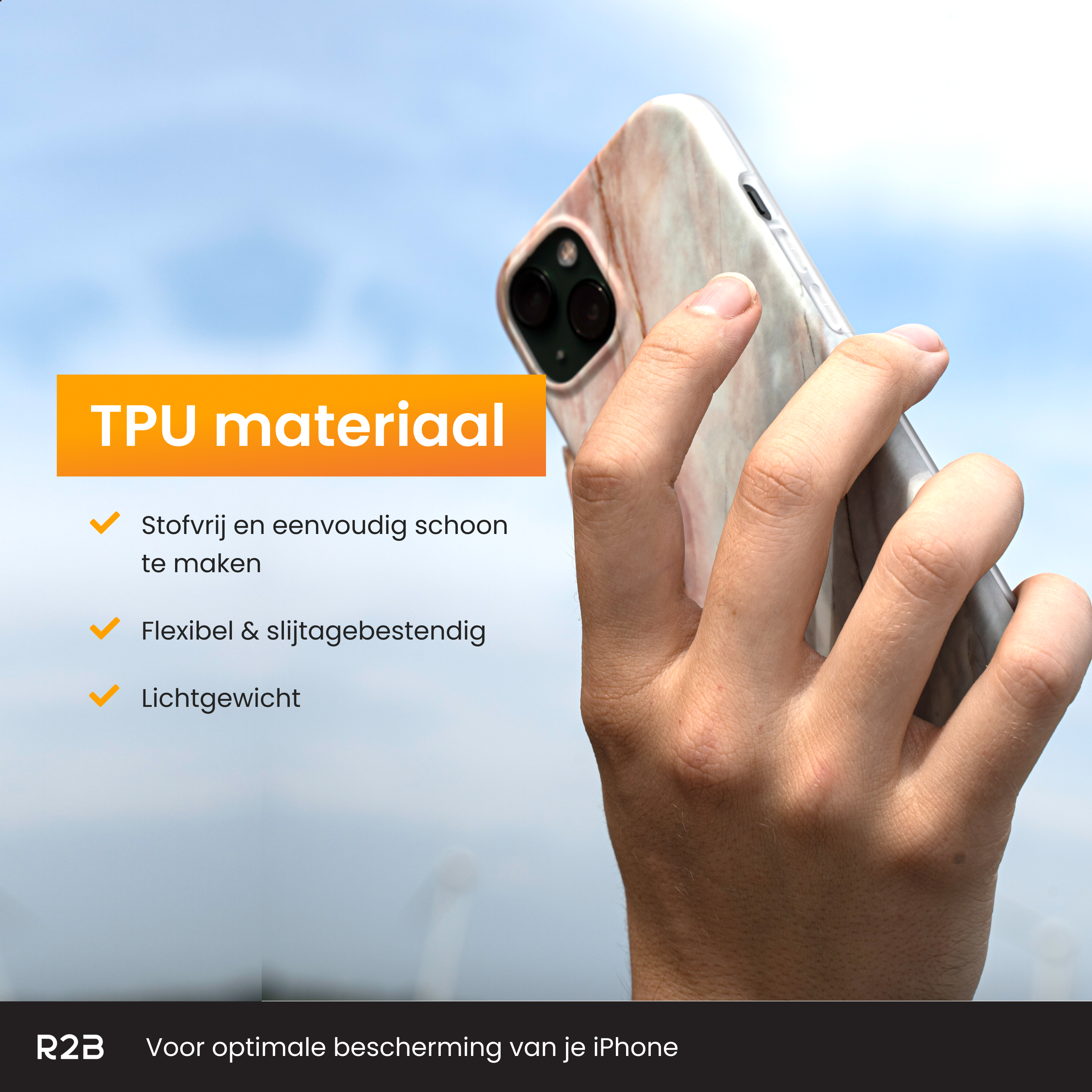 Hand holding a phone with a marble case. Text overlay: TPU material, dust-free, flexible, lightweight, and durable.