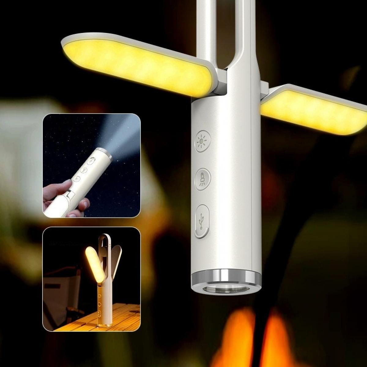 Eine weiße, multifunktionale Lampe mit drei Lichtpaneelen. Sie hat einen zylindrischen Sockel mit Knöpfen und einem USB-Anschluss. Mehrere eingesetzte Bilder zeigen die Verwendung.