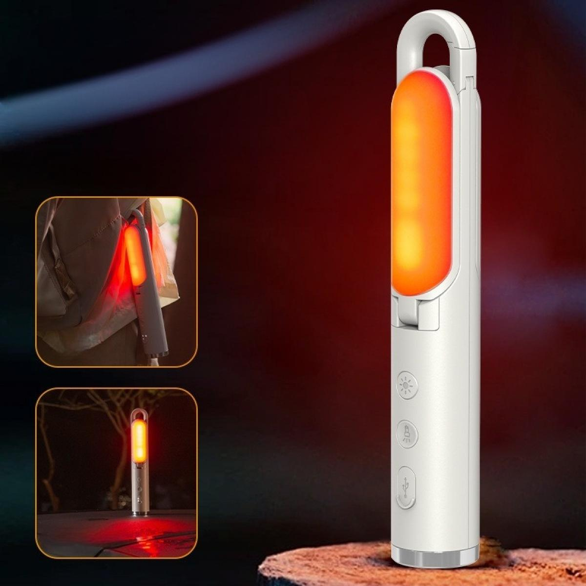 Eine weiße LED-Leuchte mit orangefarbenem Schein. Zwei kleinere Bilder zeigen die Leuchte in Gebrauch.