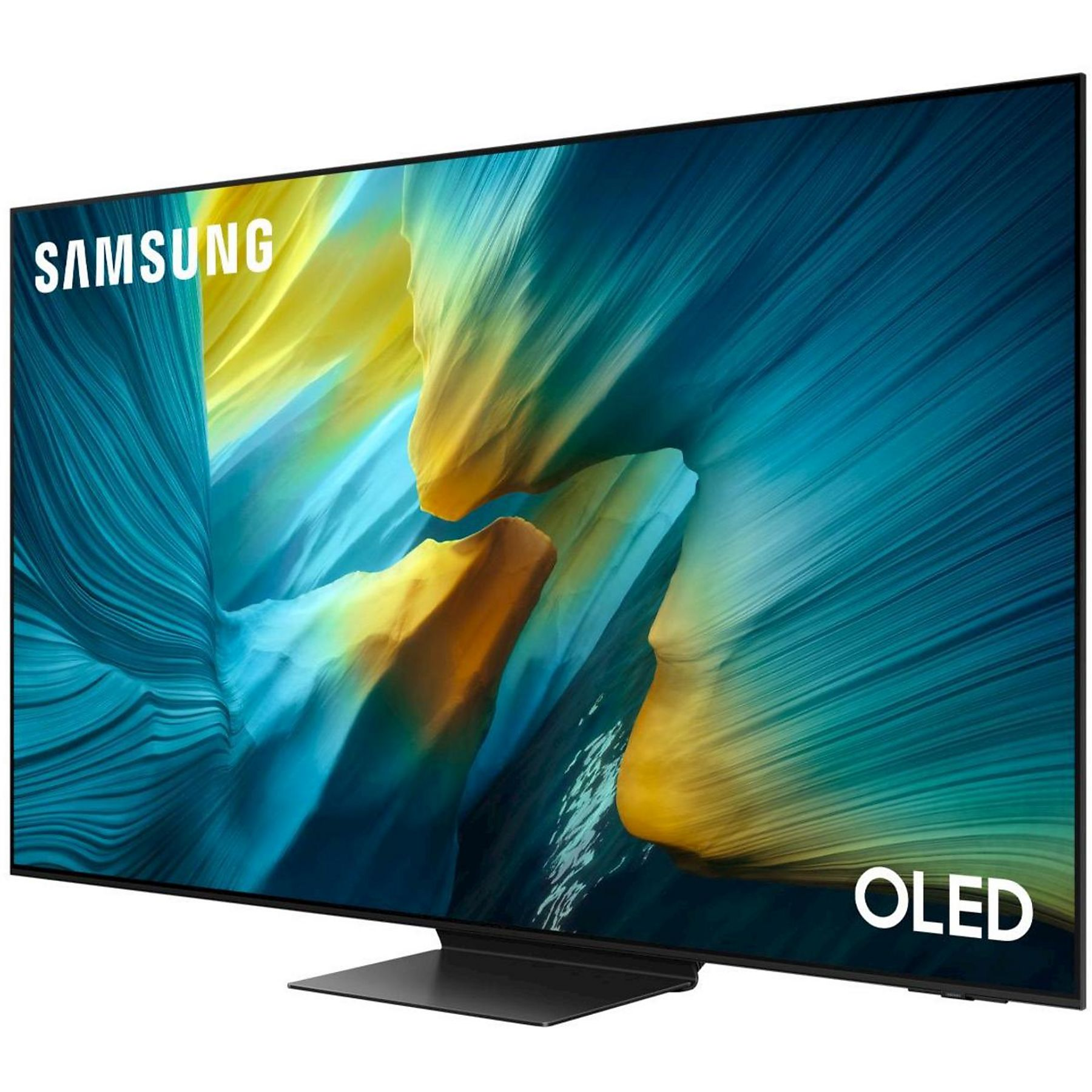 Un TV OLED Samsung mostra un'immagine astratta colorata. Il TV è nero, con i loghi Samsung e OLED.