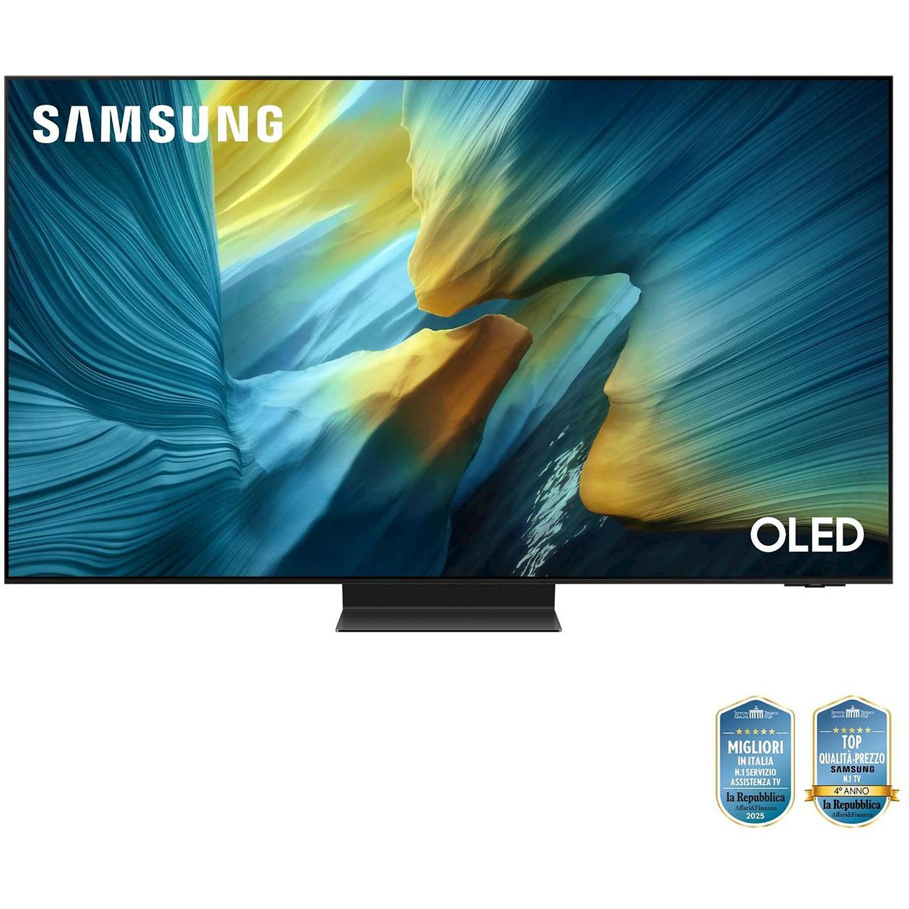 Un TV OLED Samsung con un display astratto colorato. Lo schermo mostra il logo Samsung e 'OLED'.