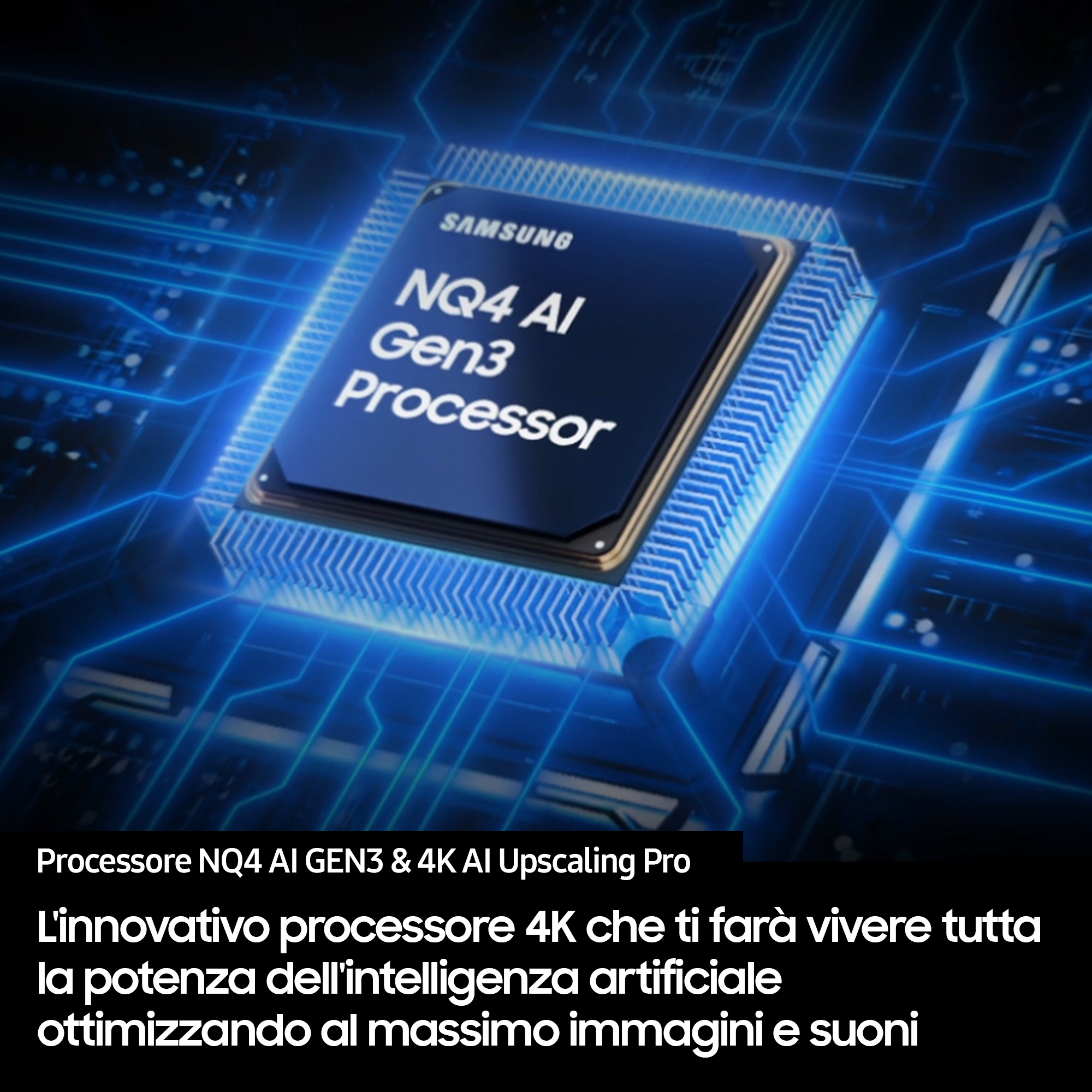 Obraz przedstawia niebieski procesor Samsung z tekstem: NQ4 AI Gen3 Processor. Tło ma niebieskie linie.