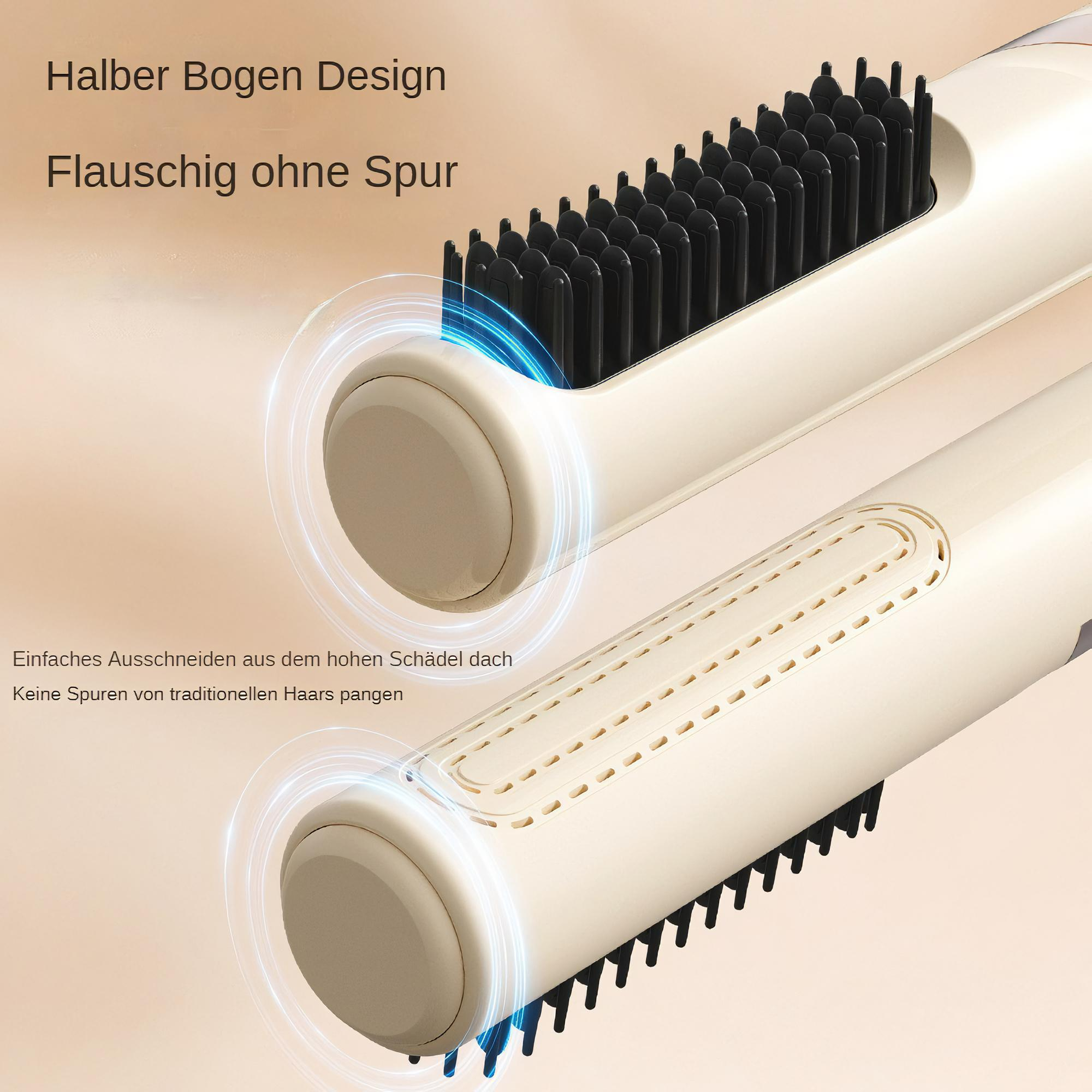 Nahaufnahme eines weiß-schwarzen Haarstyling-Tools. Es hat schwarze Borsten und ein gebogenes Design. Text ist auf Deutsch.
