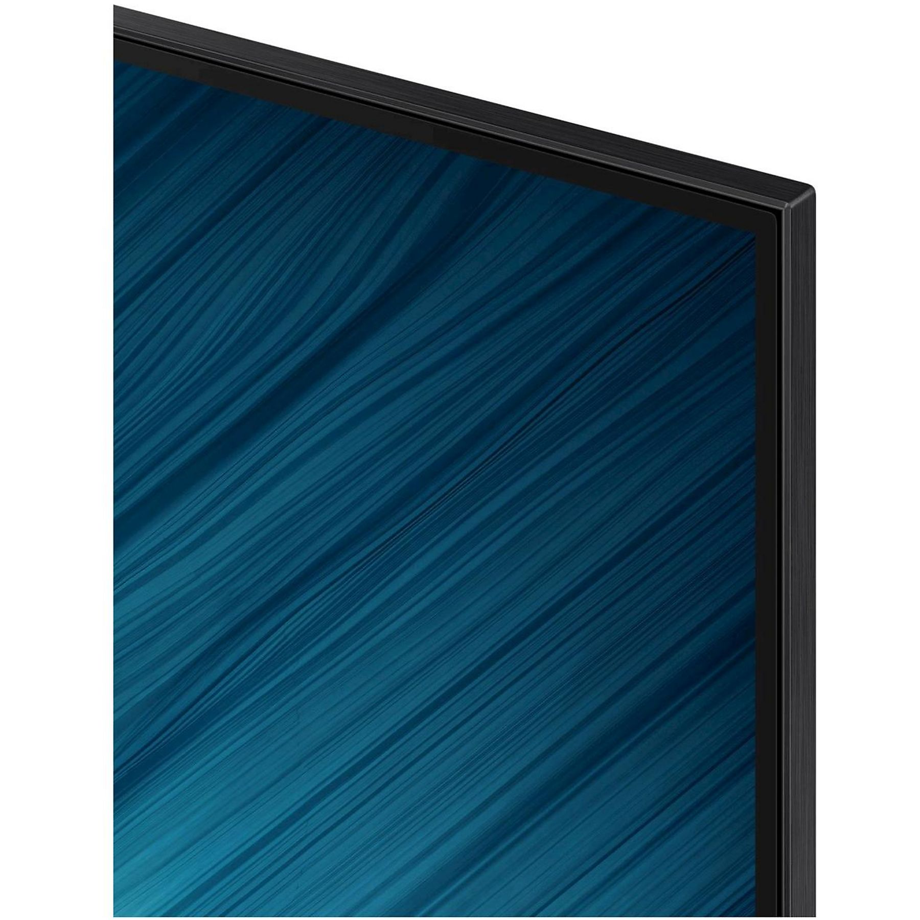 Primo piano di uno schermo TV. Ha una cornice nera, che mostra linee blu strutturate.