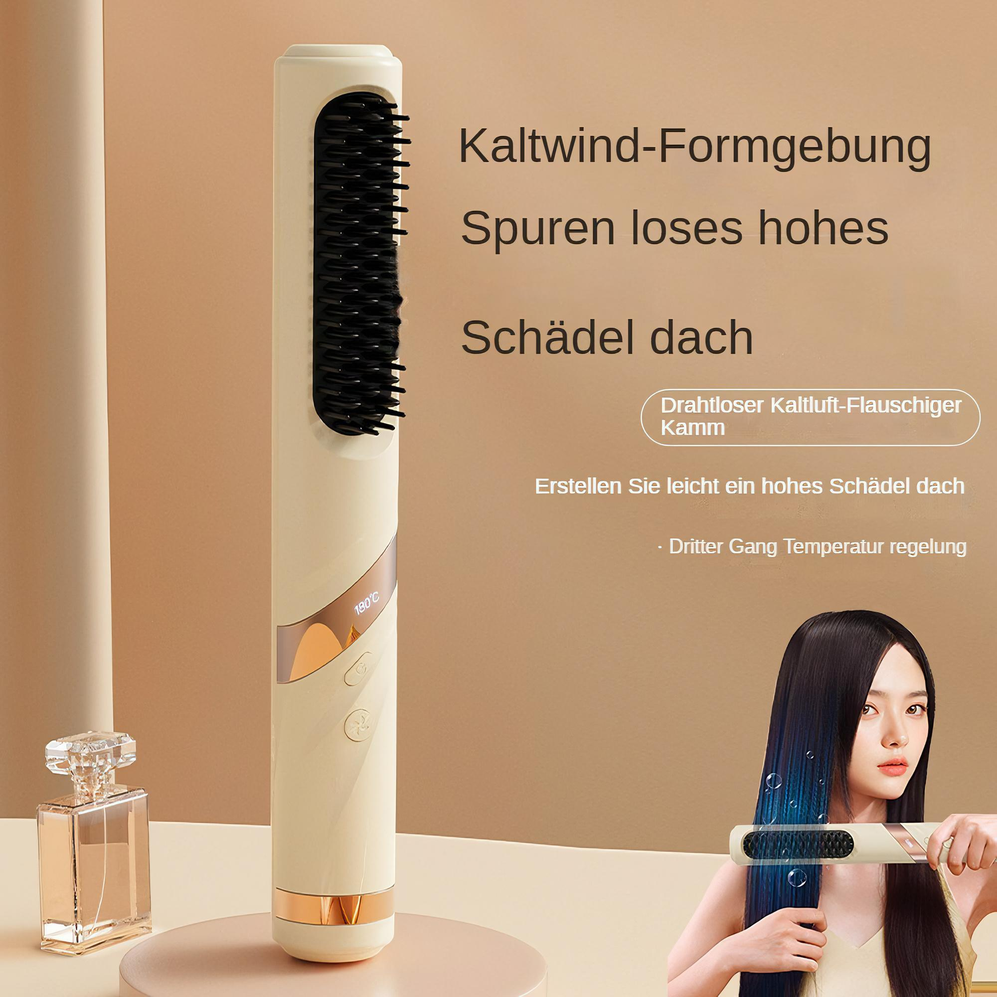 Ein Haarstyling-Tool wird gezeigt, mit einer Frau, die es benutzt. Das Werkzeug ist weiß mit schwarzen Borsten. Text auf Deutsch ist ebenfalls vorhanden.
