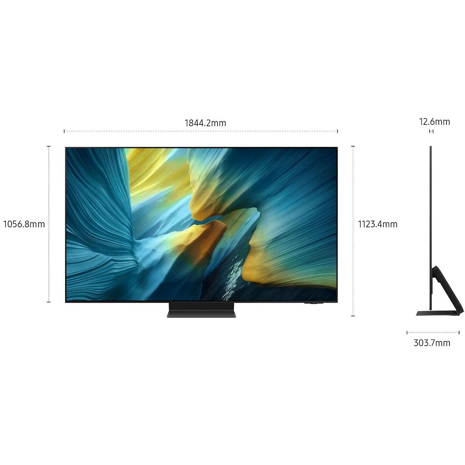 Un grande schermo TV con dimensioni mostrate. Lo schermo mostra un'immagine astratta con colori blu, giallo e bianco.