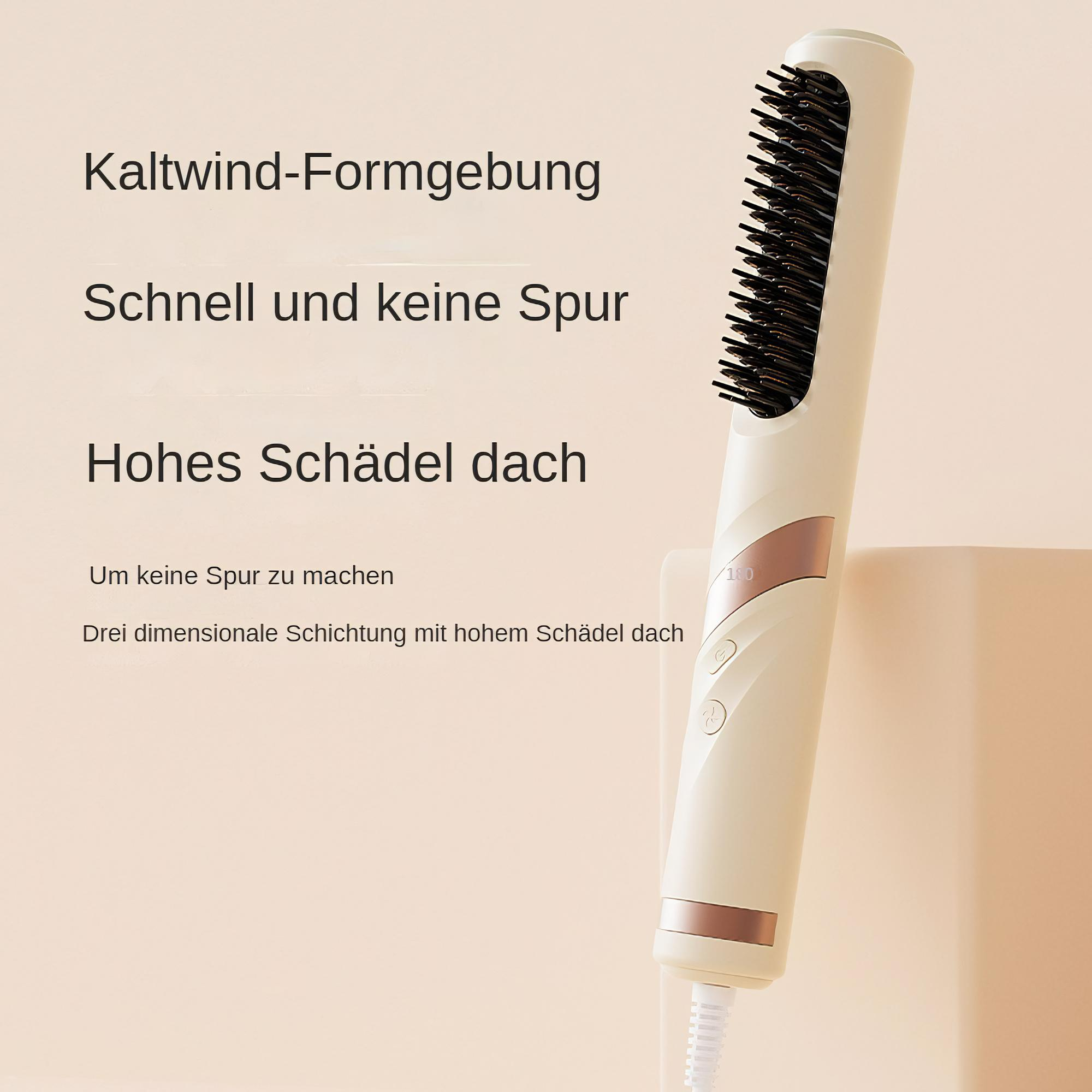 Eine elektrische Haarglättungsbürste, beige und schwarz, mit Text auf Deutsch auf hellem Hintergrund.