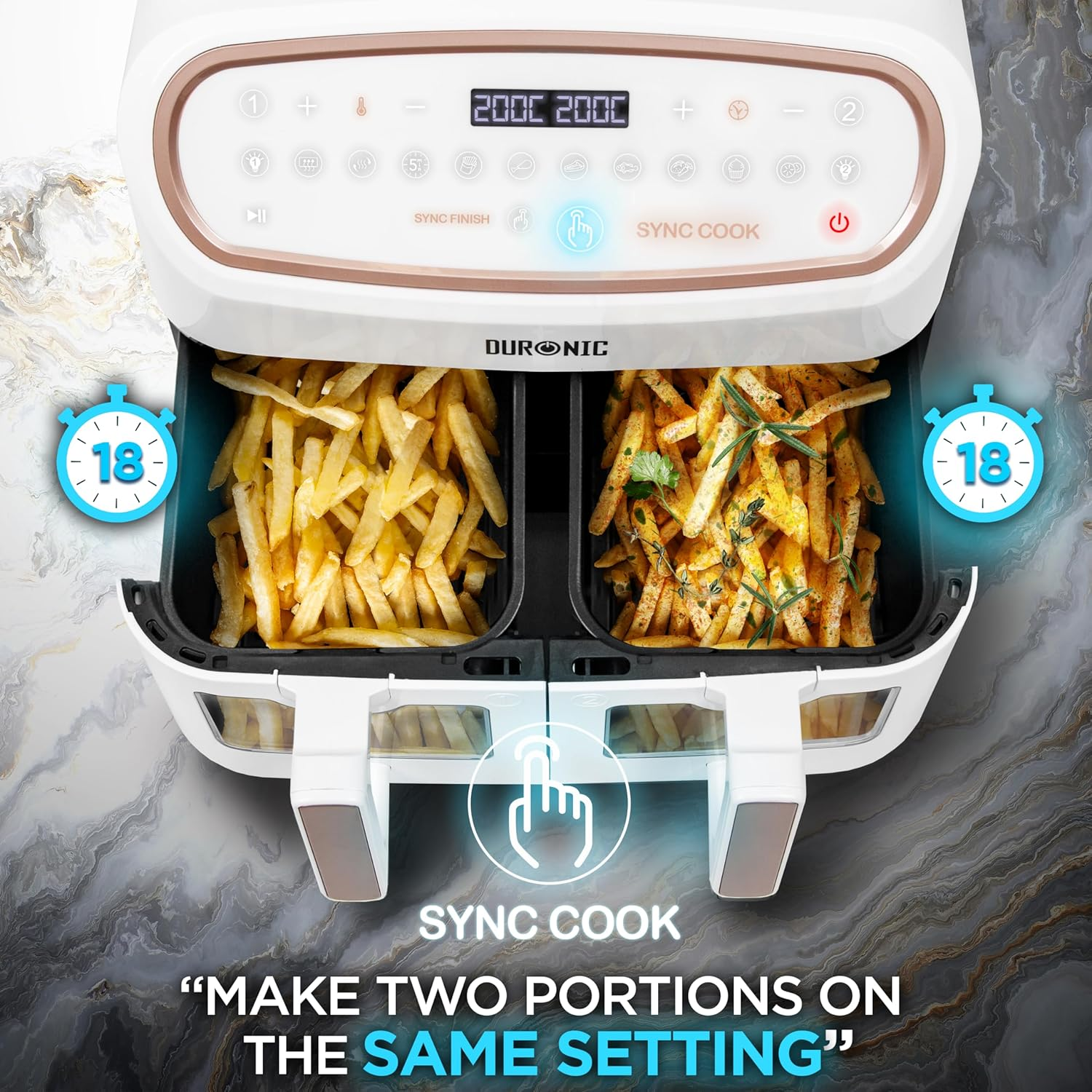 Eine Heißluftfritteuse mit Pommes Frites in zwei Fächern. Sie hat eine Sync-Cook-Funktion zum gleichzeitigen Garen von zwei Portionen.