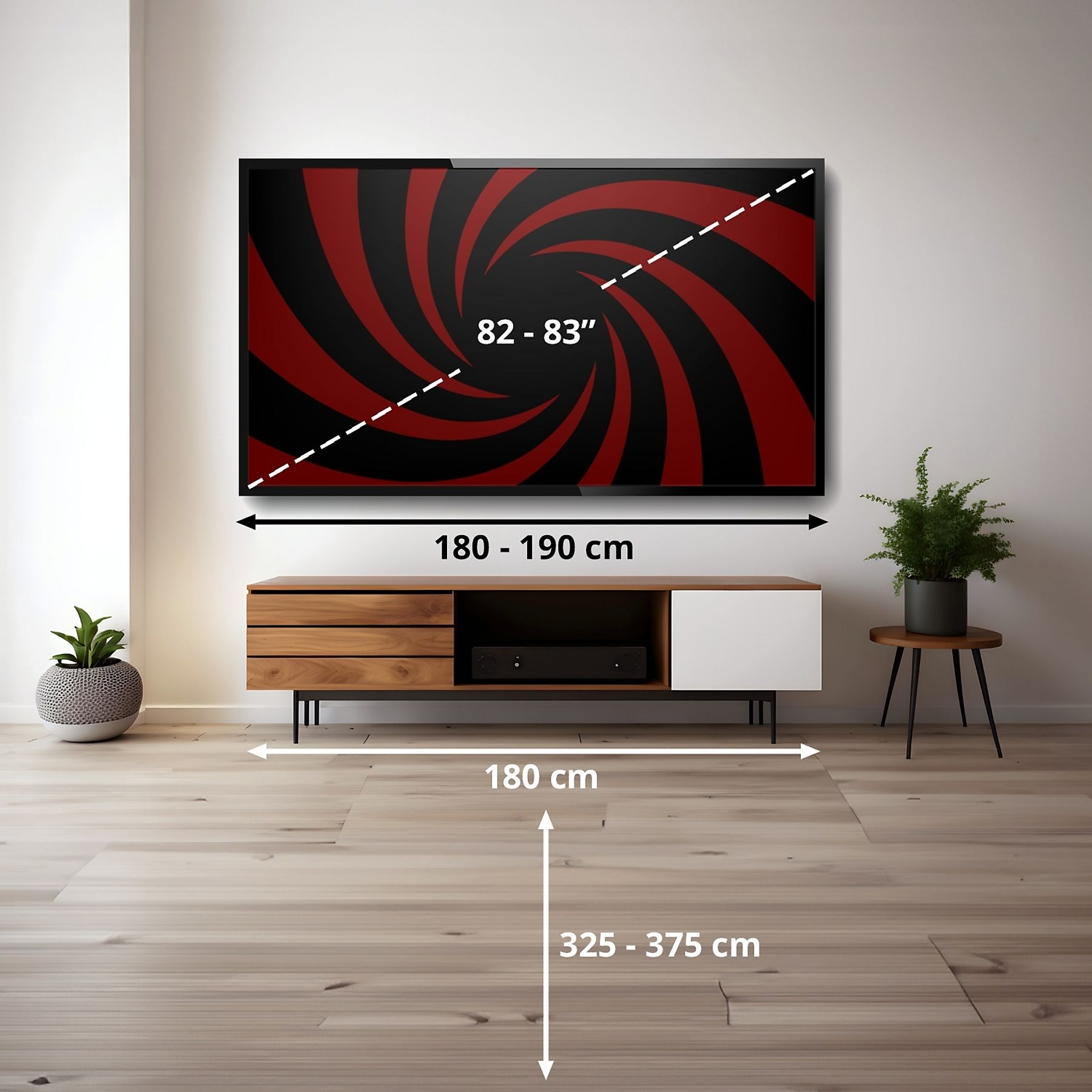 Un televisore con motivo rosso e nero è montato su una parete bianca. Un mobile in legno è sotto il televisore. Piante e misure sono visibili.