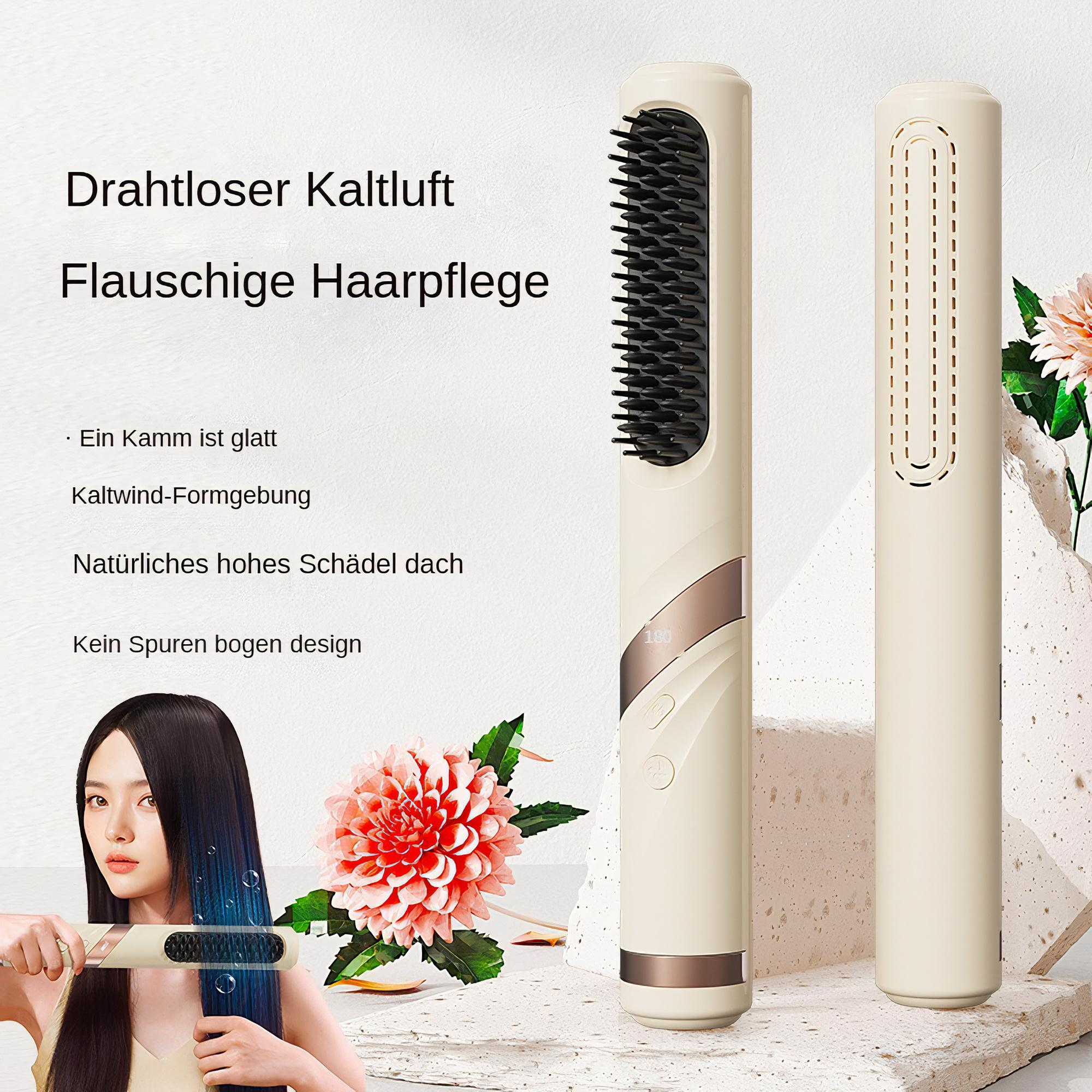 Eine Frau benutzt einen Haarstylingkamm. Zwei ähnliche Kämme befinden sich im Hintergrund. Eine große Blume ist rechts.
