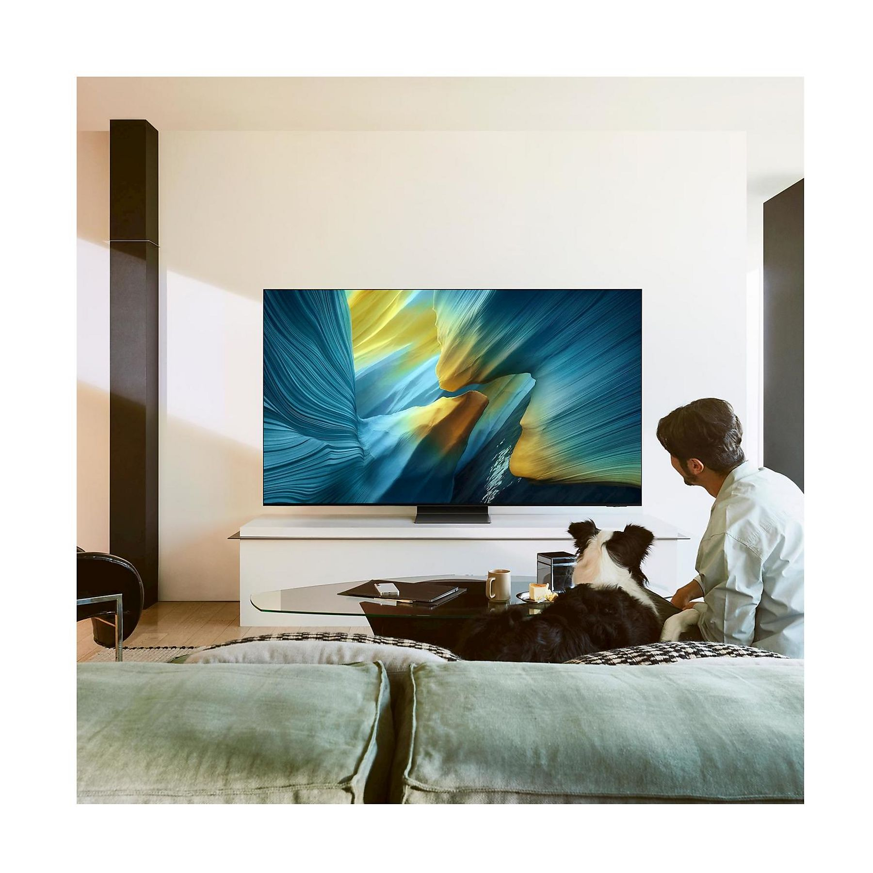 Un uomo è seduto con un cane davanti a una grande TV. La TV mostra un'immagine astratta colorata. Un tavolino e un divano sono in vista.