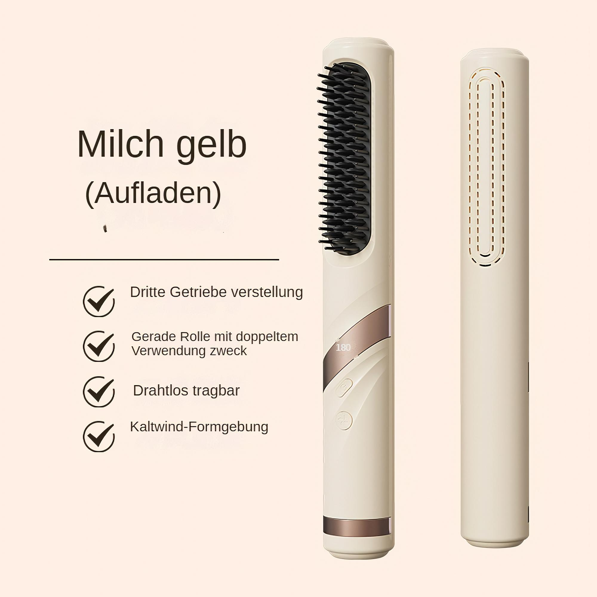 Ein cremefarbenes Haarstyling-Gerät mit einer schwarzen Borstenseite und einer Anzeige. Text auf Deutsch sichtbar.