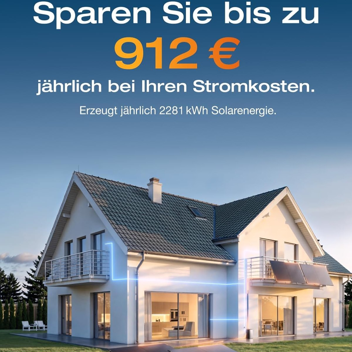 Ein weißes Haus mit Sonnenkollektoren, Text: "Sparen Sie bis zu 912€ jährlich bei Ihren Stromkosten."