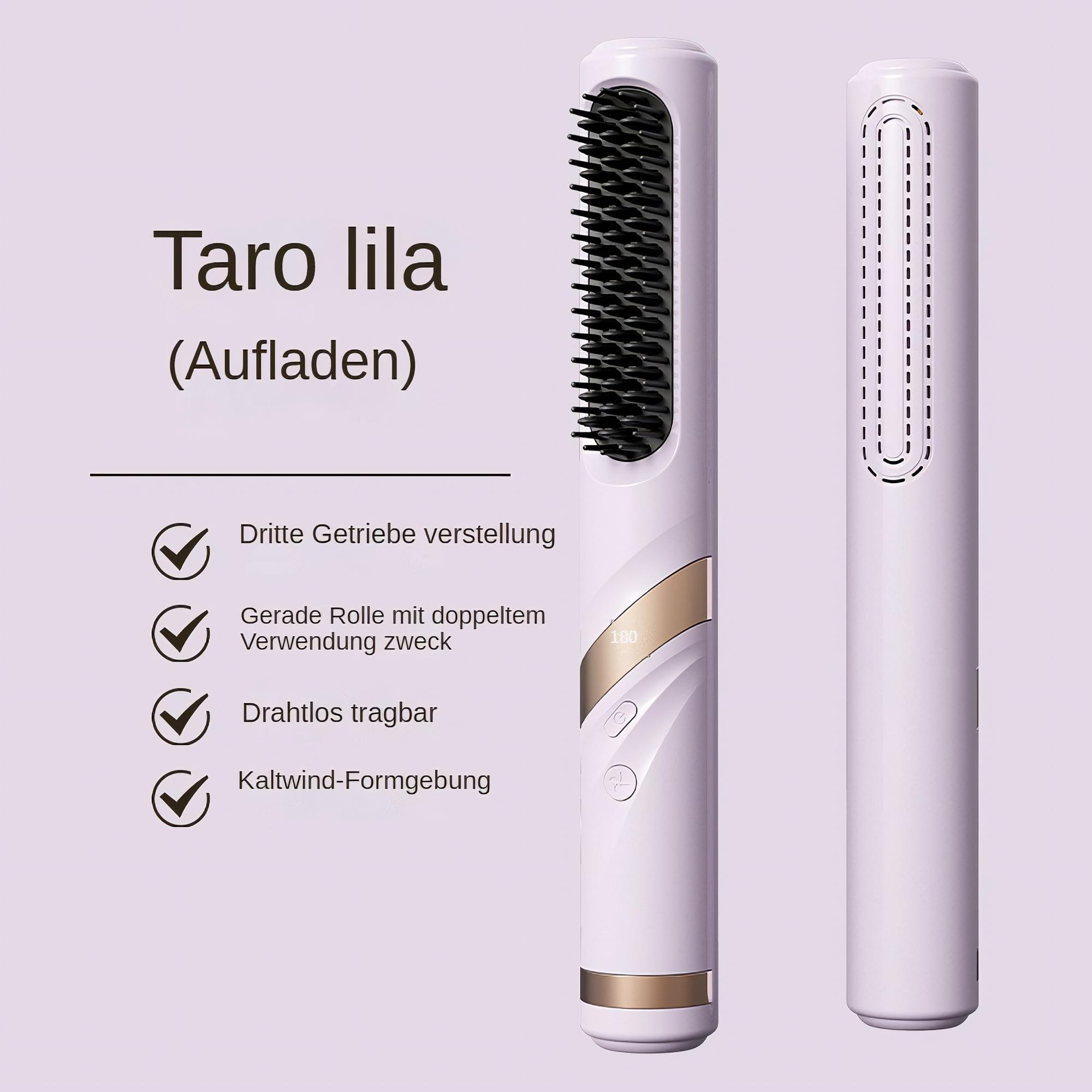 Ein weiß-goldenes Haarglätteisen mit schwarzem Bürstenkopf. Der Text lautet 'Taro lila' und enthält Funktionen.