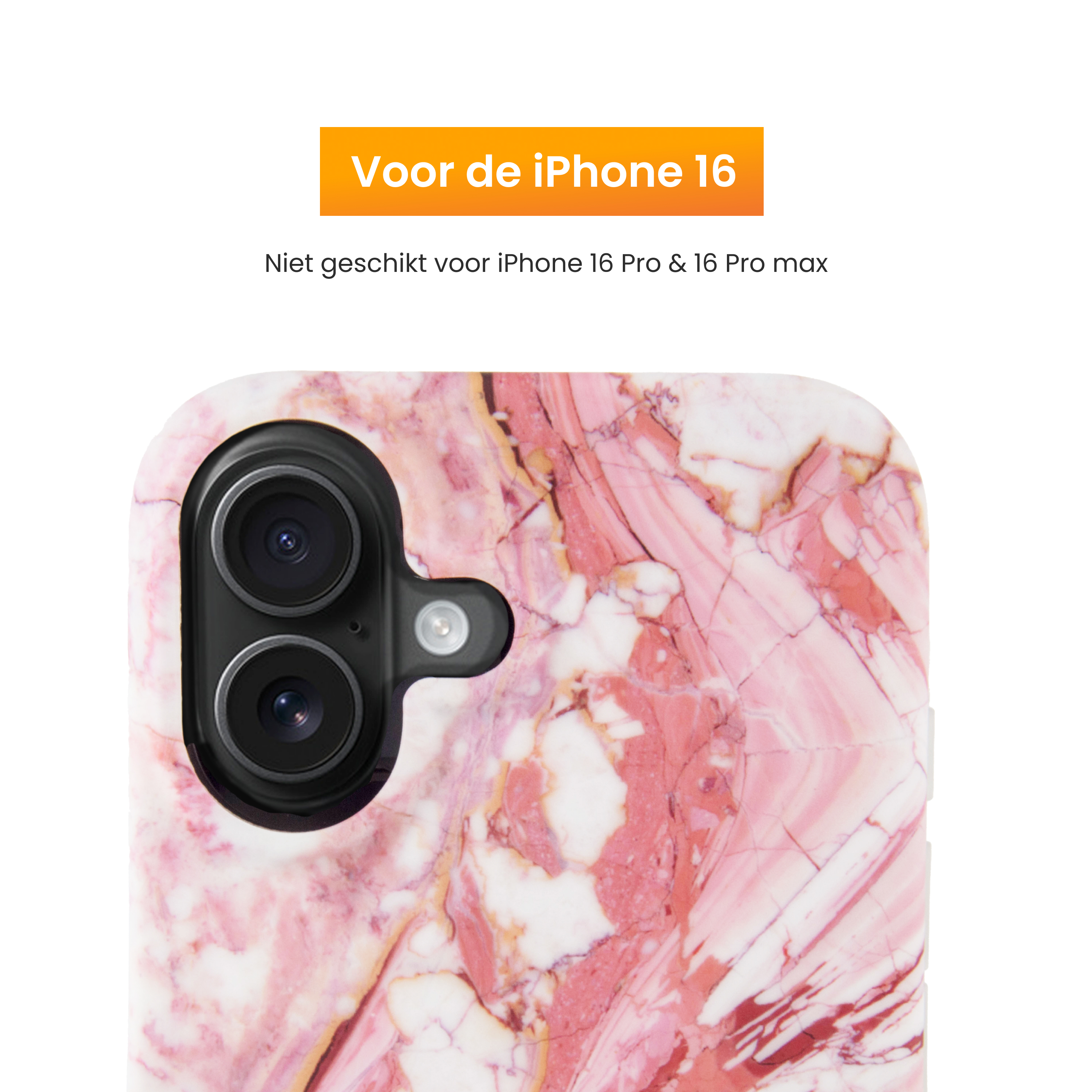 Coque de téléphone avec design marbre. Zone caméra noire, fond blanc et texte orange en haut. Pas pour iPhone 16 Pro.