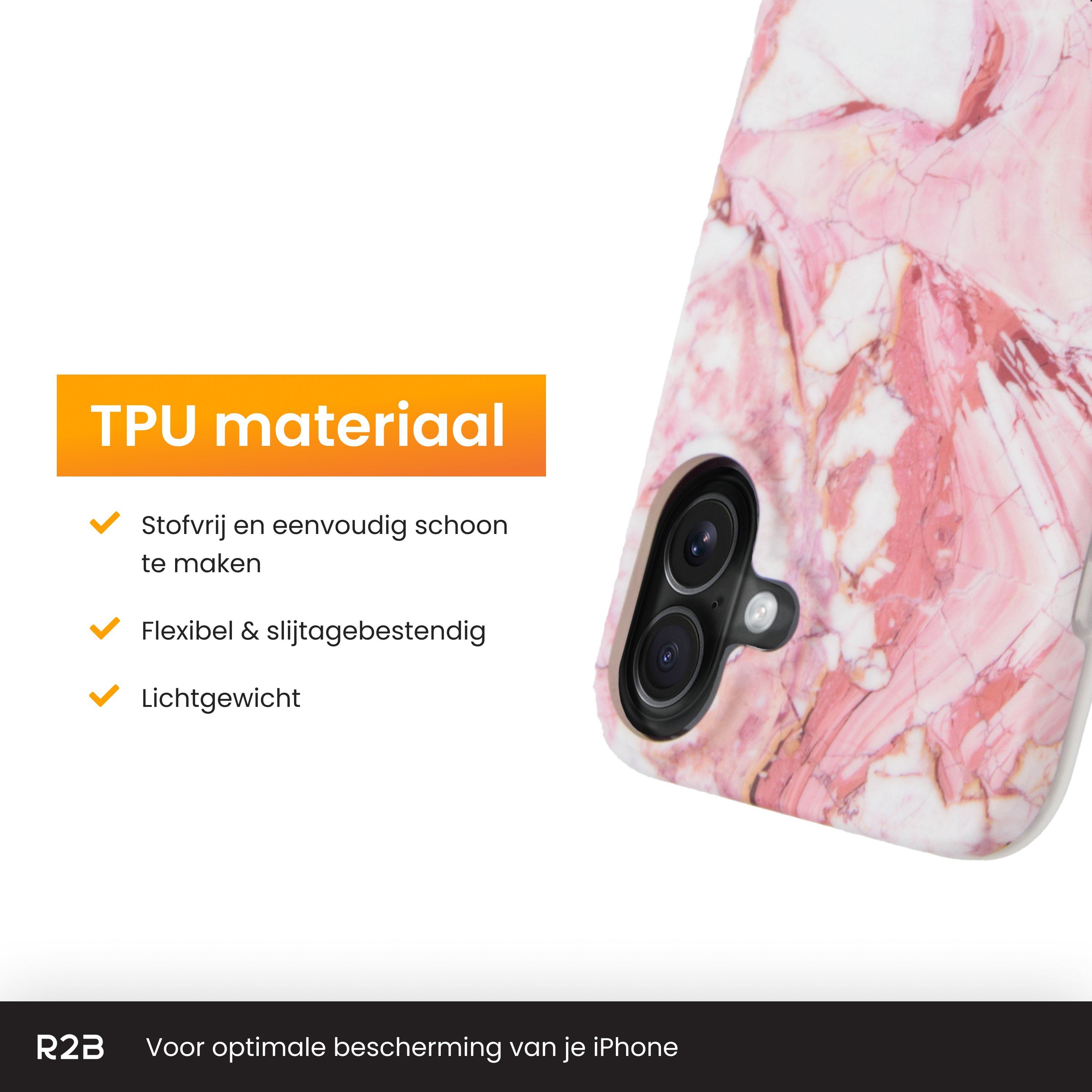L'image montre une coque de téléphone avec un motif marbré. Le texte à gauche décrit le matériau TPU, avec des caractéristiques telles que sans poussière et léger.