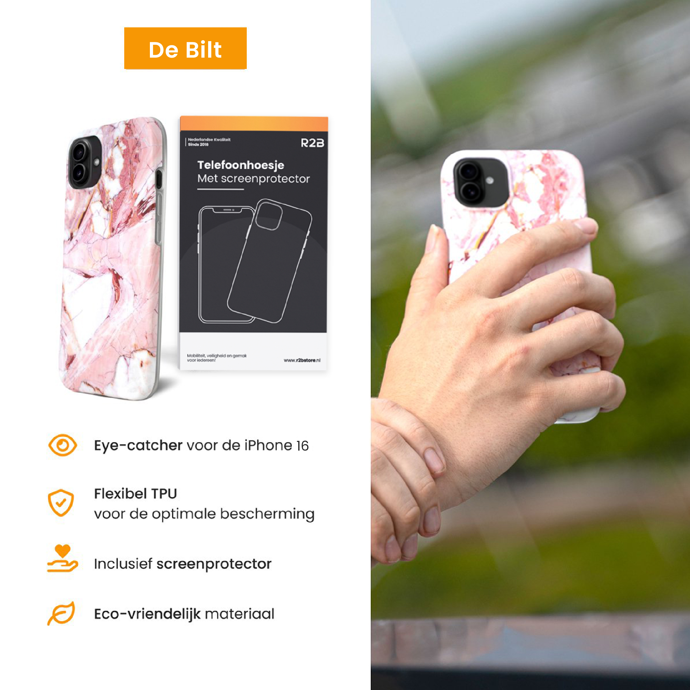 Une main tient une coque de téléphone avec un motif marbre rose. La coque a une zone caméra noire. D'autres coques et textes sont également visibles.