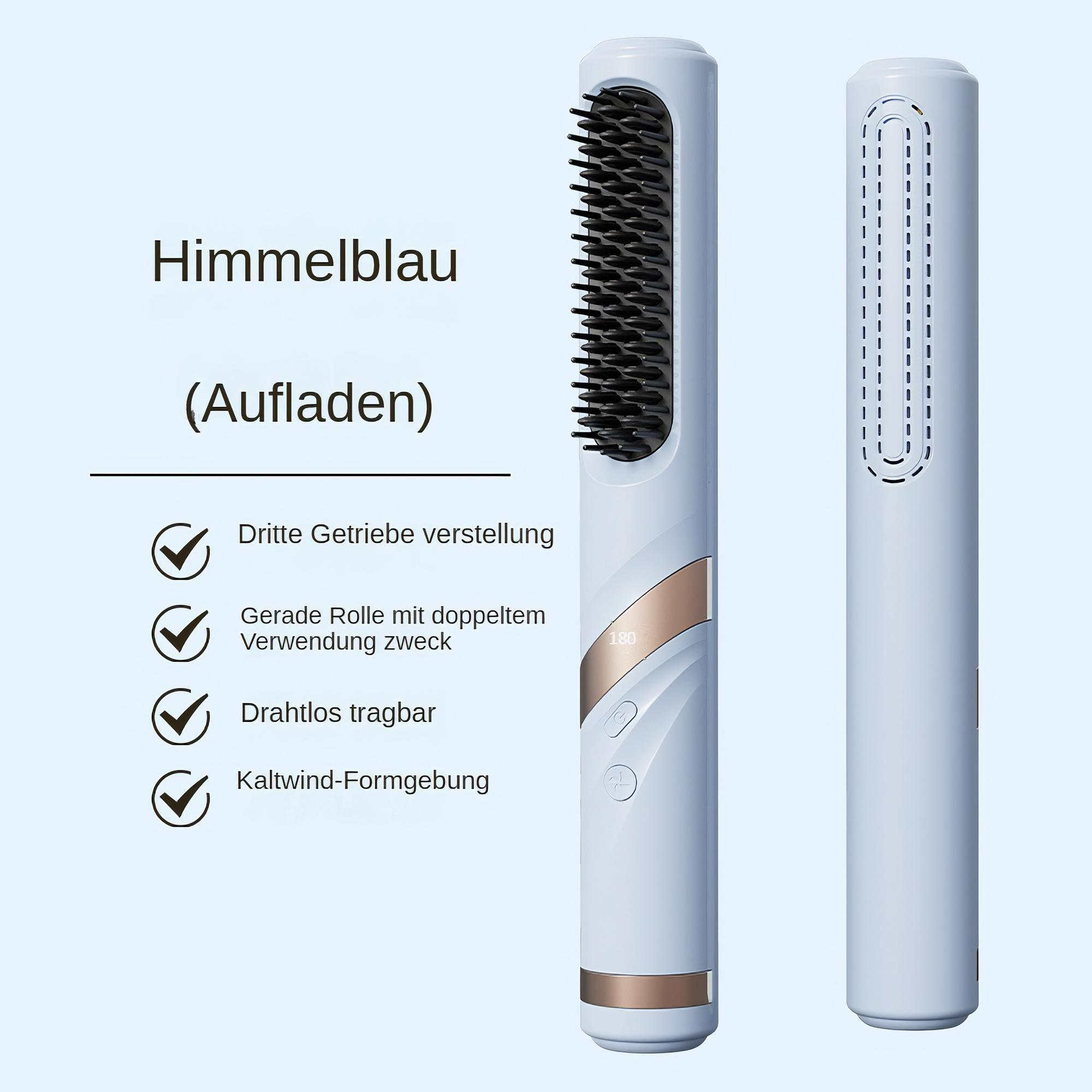 Ein blauer Haarglätter mit schwarzen Borsten und ein identisches Design auf der rechten Seite. Text auf Deutsch links.