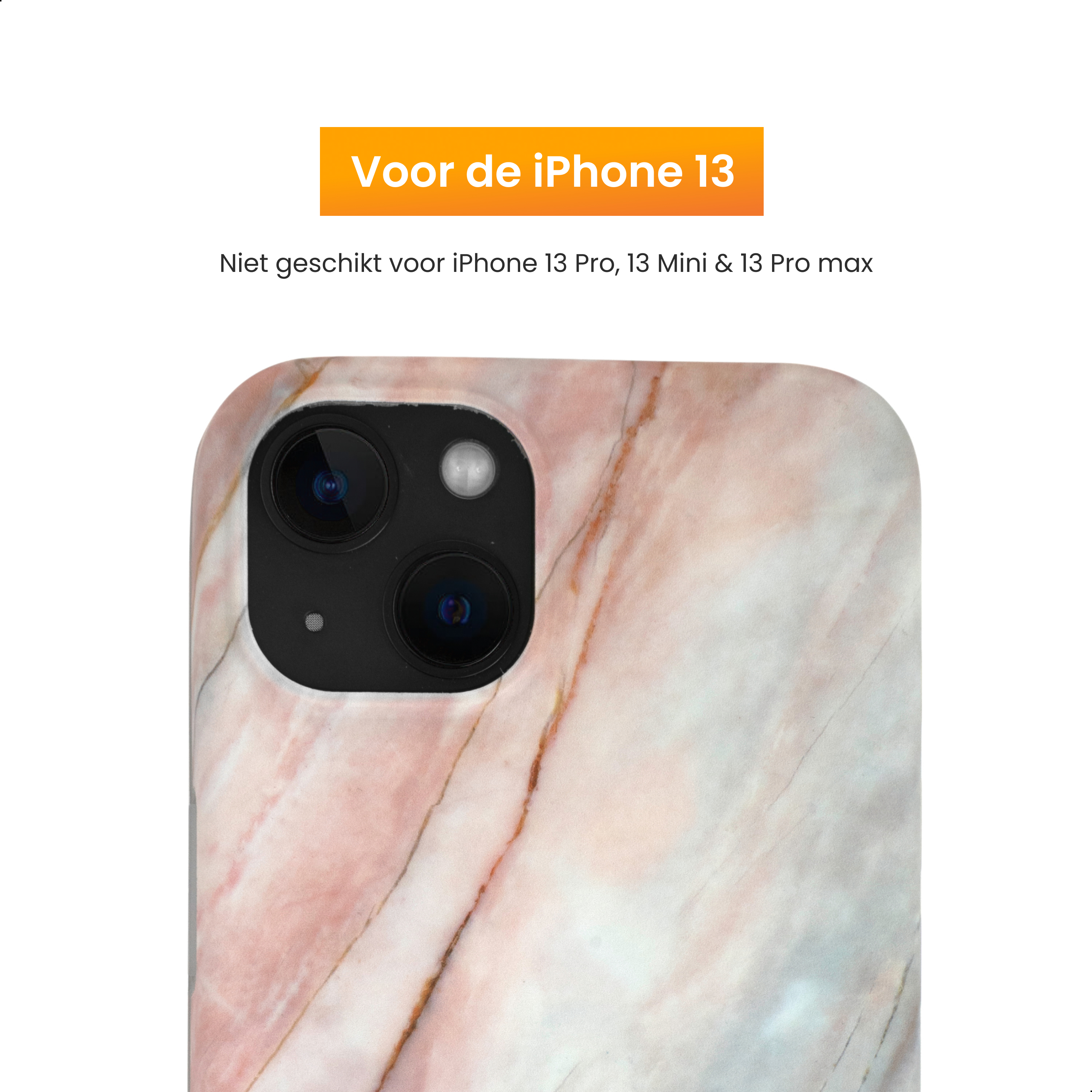 iPhone 13 Hülle mit Marmordesign. Es hat einen Kameraausschnitt und Text auf Niederländisch.