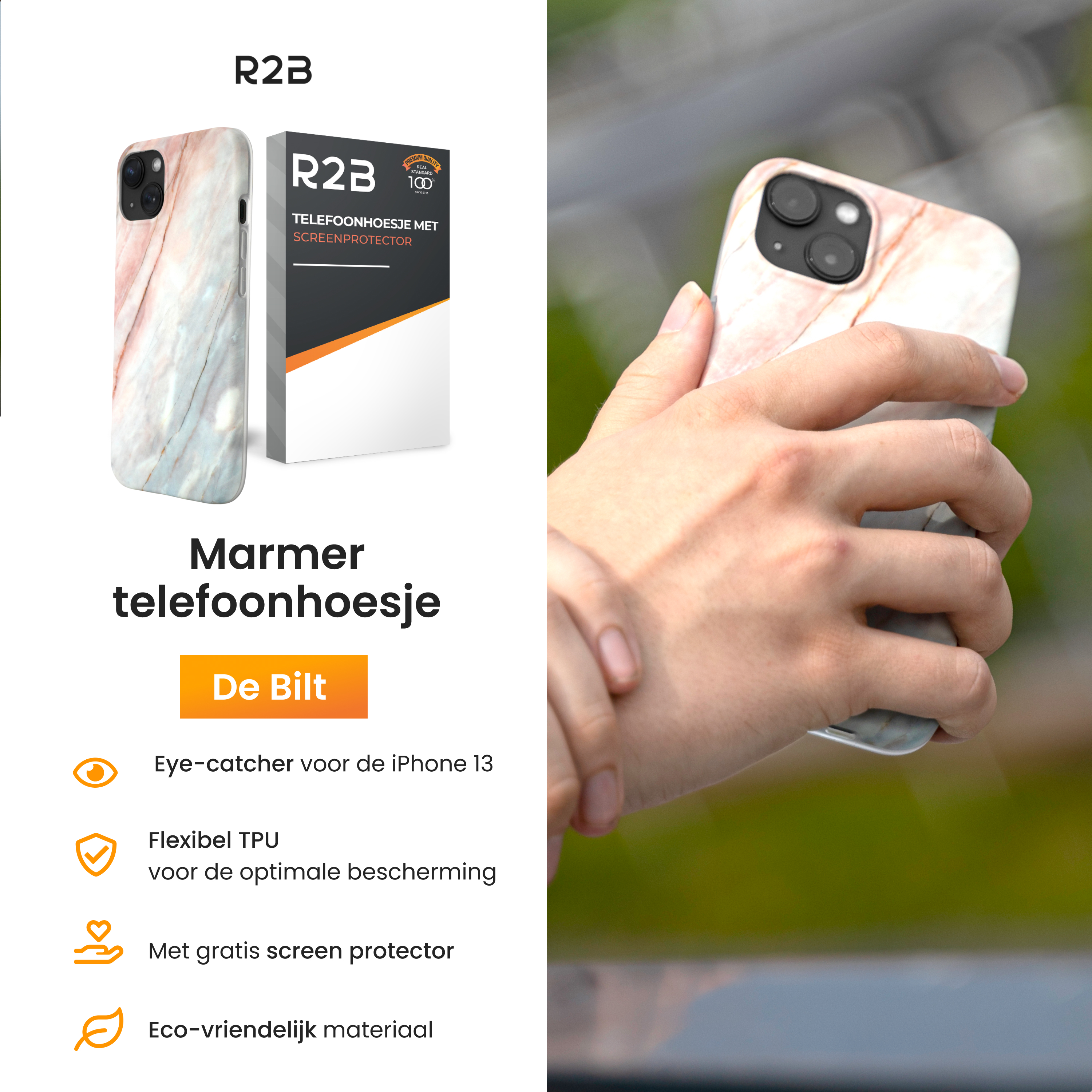 Eine Hand hält eine Marmor-Handyhülle. Der Hintergrund ist grün.