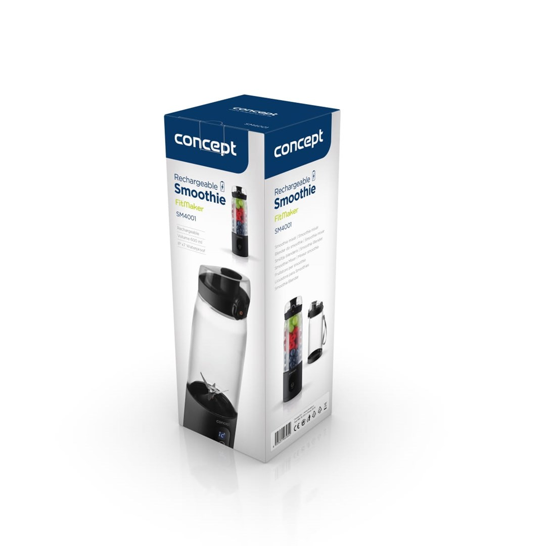 Eine Schachtel mit einem Smoothie-Maker mit der Aufschrift "Rechargeable Smoothie FitMaker". Es zeigt das Produkt und seine Funktionen.