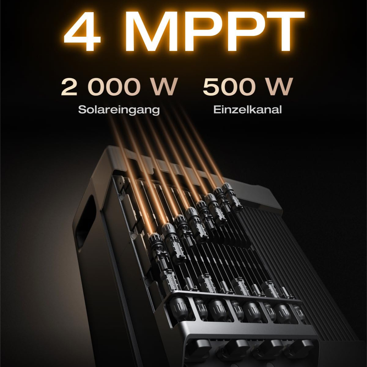 Ein Bild, das ein elektrisches Gerät mit Lichtstrahlen zeigt. Der Text lautet: 4 MPPT, 2000 W, 500 W. Beschriftungen: Solareingang, Einzelkanal.