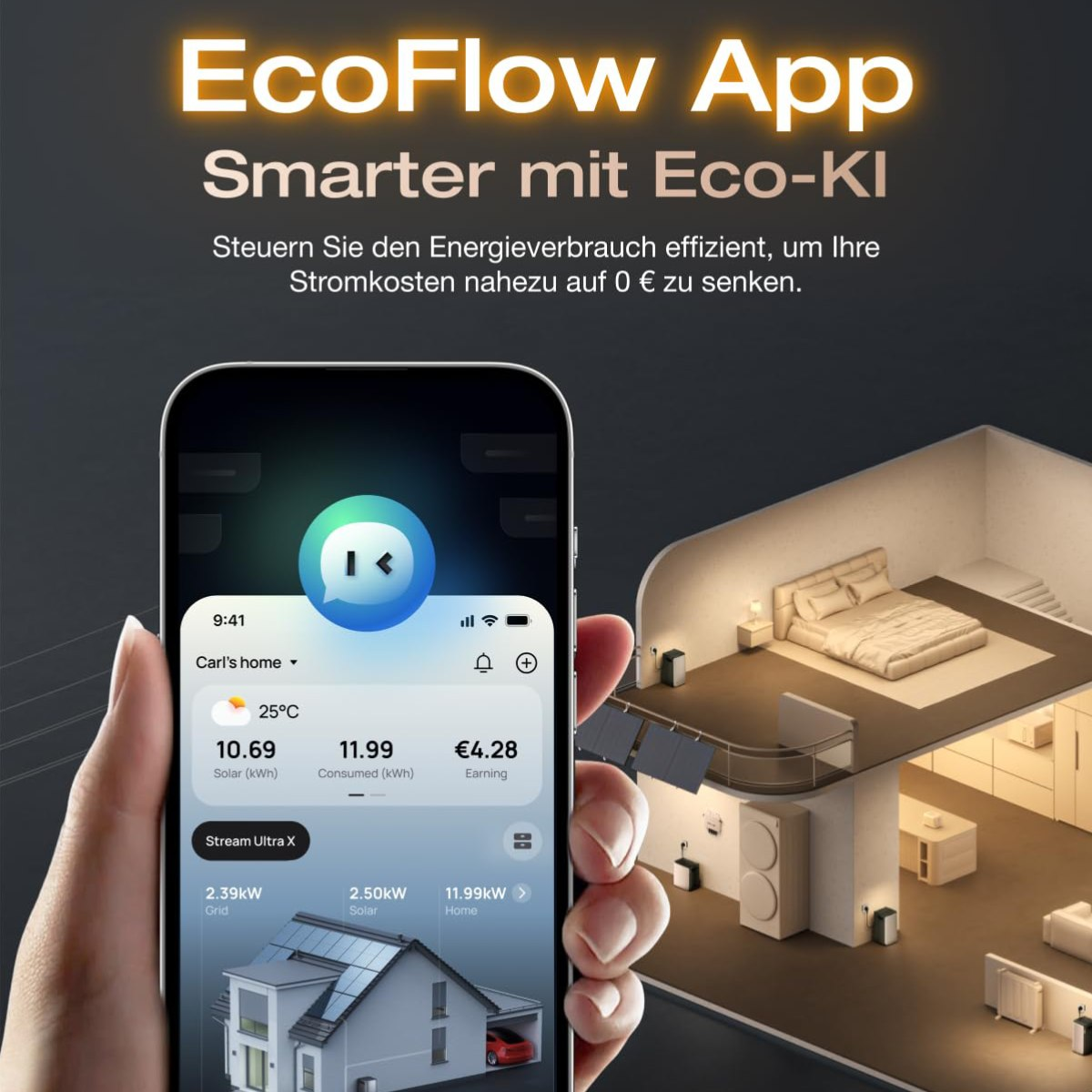 Eine Hand hält ein Telefon, das eine App-Oberfläche anzeigt. Ein Haus und ein Schlafzimmer werden visualisiert, was auf Energieüberwachung hindeutet.