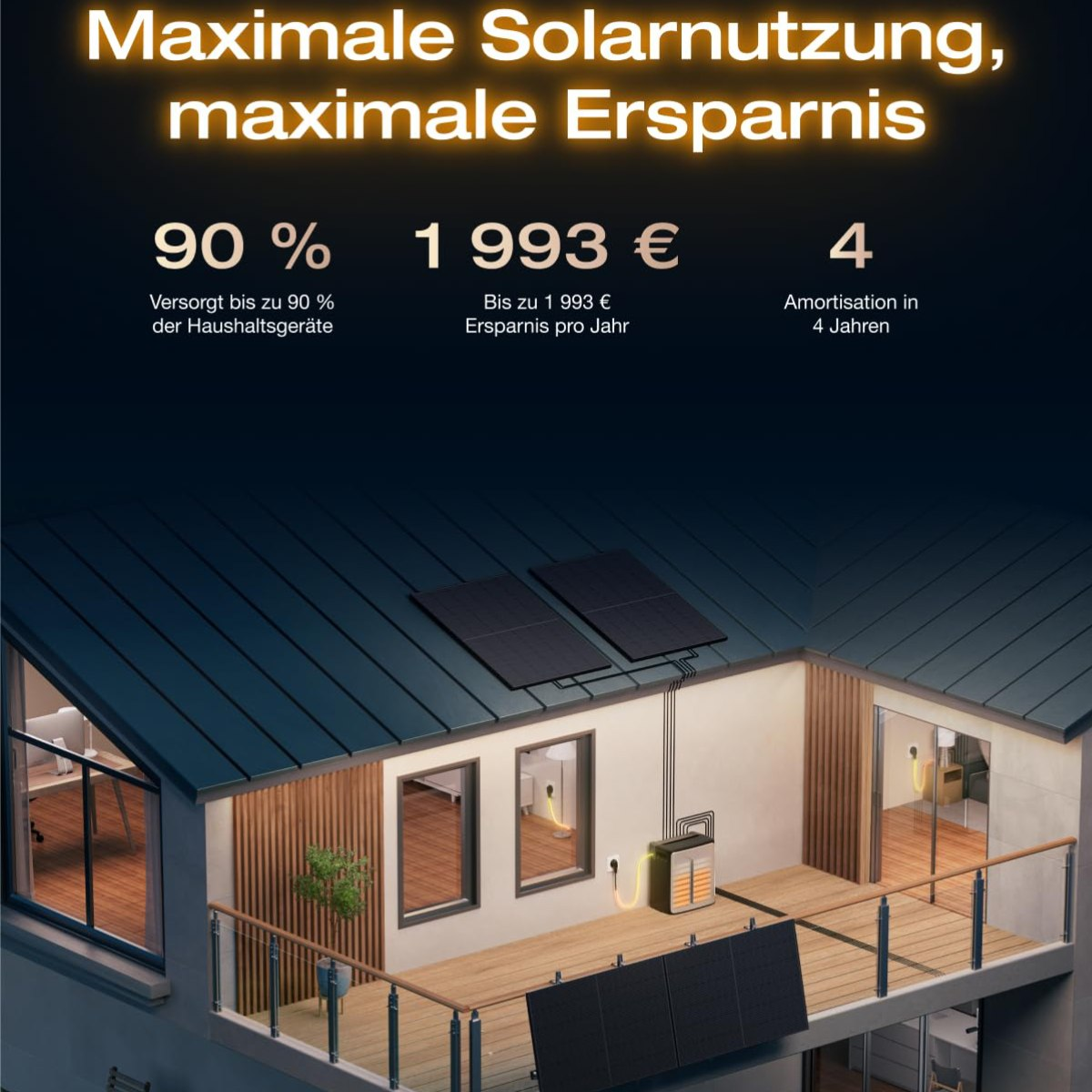 Eine Illustration zeigt ein Haus mit Sonnenkollektoren, Text über Einsparungen und Effizienz auf dunklem blauen Hintergrund.