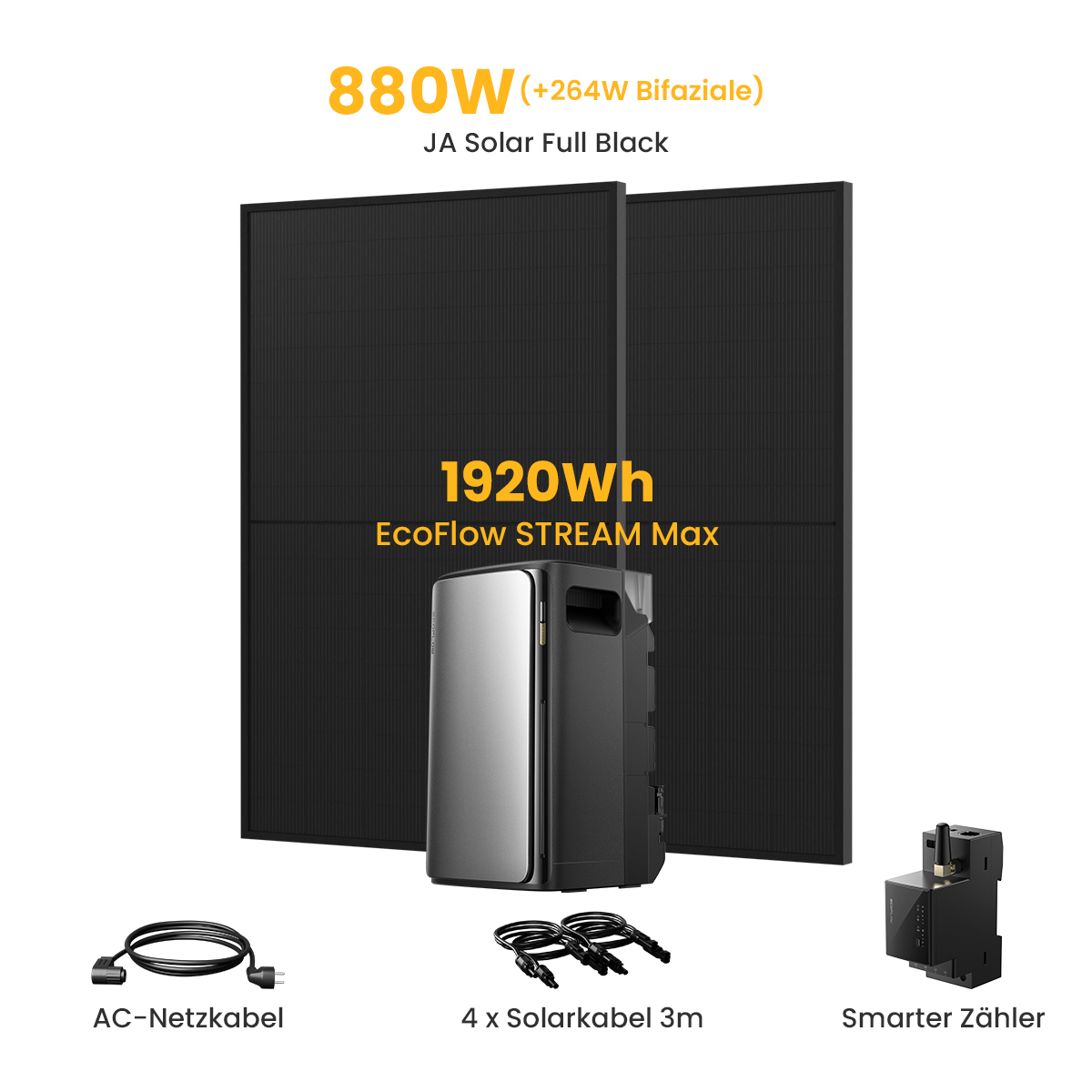 Solarpaneele, Powerstation, Kabel und Smart Meter. Text: 880W, 1920Wh, EcoFlow STREAM Max, JA Solar Full Black.