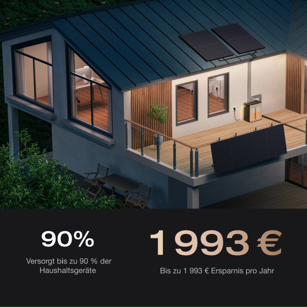 Ein Haus mit Sonnenkollektoren, einer Terrasse und Text, der Energieeinsparungen anzeigt. Dunkelgrünes Dach, Holzterrasse und kleiner Baum.