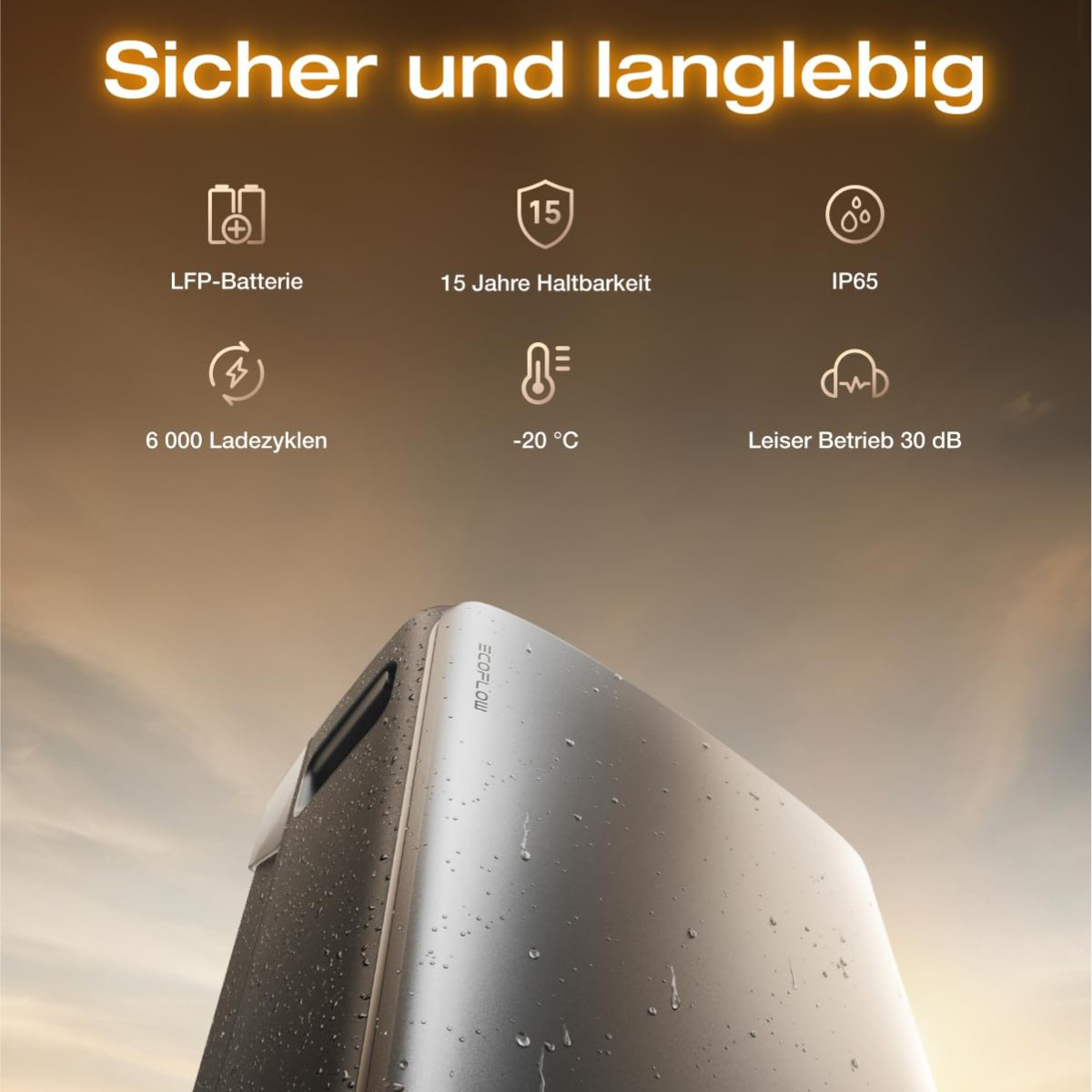 Das Bild zeigt eine silberne Powerstation mit dem Text: 'Sicher und langlebig'. Zu den Merkmalen gehören 15 Jahre Haltbarkeit, IP65 und 6000 Zyklen.
