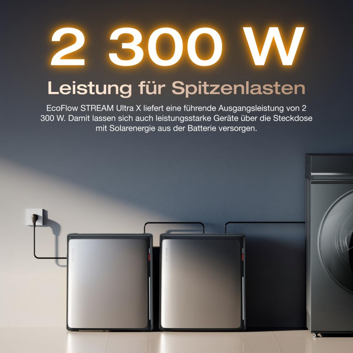 Das Bild zeigt 2300W Text, drei Kraftwerke und eine Waschmaschine. Die Kraftwerke sind schwarz und silber.