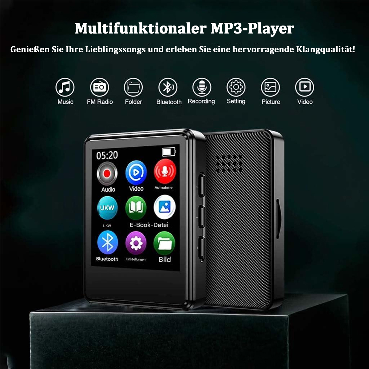 Schwarzer MP3-Player mit Bildschirm, der Symbole anzeigt. Funktionen umfassen Musik, UKW-Radio, Bluetooth. Der Hintergrund ist dunkel.