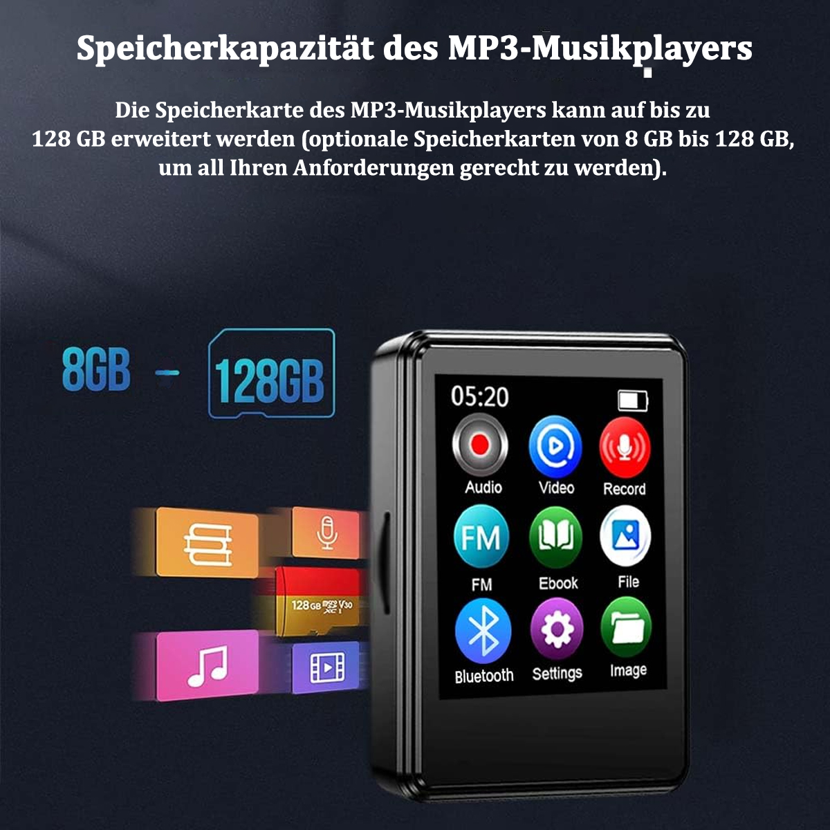 Ein schwarzer MP3-Player mit Bildschirm, der Symbole für Audio, Video, FM und Einstellungen anzeigt, mit Speicherdetails.