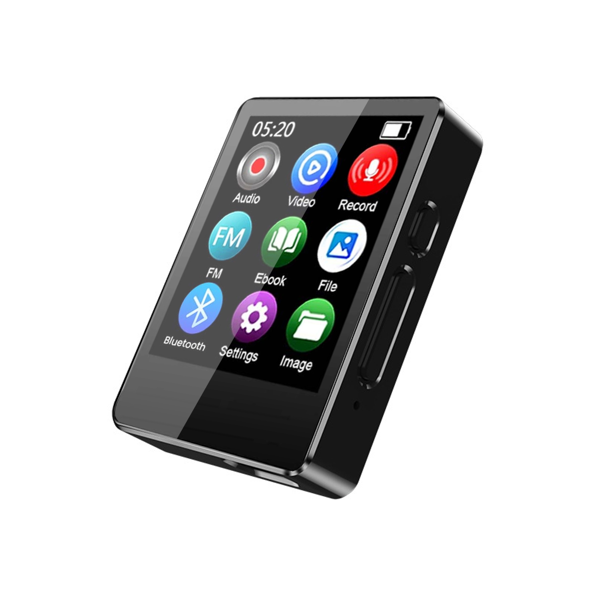 Schwarzer MP3-Player mit Touchscreen. Symbole für Audio, Video, UKW, Bluetooth, Einstellungen, E-Book, Datei, Bild und Aufnahme werden angezeigt.