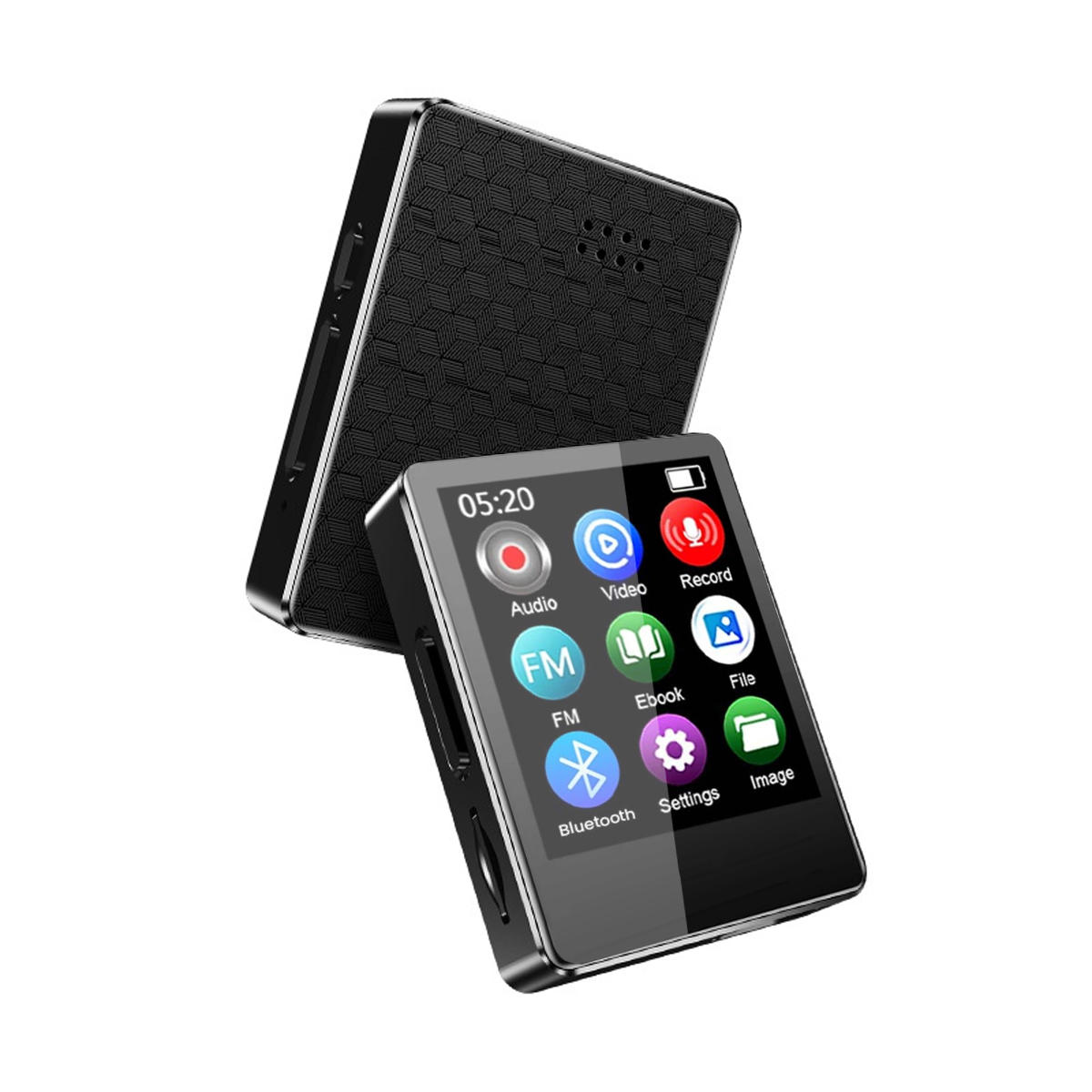 Ein schwarzer MP3-Player mit Touchscreen, der Symbole für Audio, Video, FM, E-Book, Bluetooth, Einstellungen, Bild, Aufnahme und Datei anzeigt.