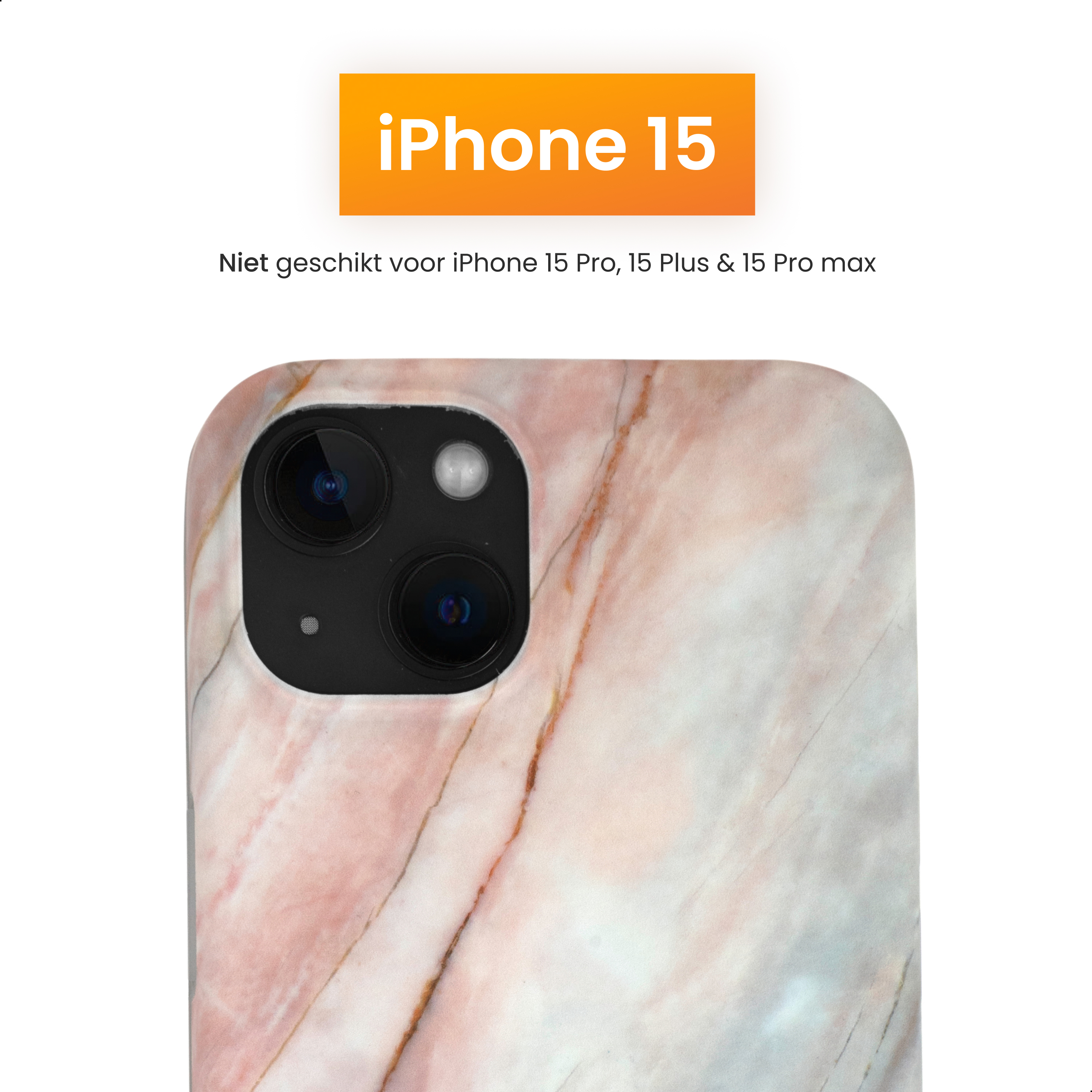 An iPhone 15 case with a marble pattern is shown. The case has a camera cutout and the text iPhone 15.