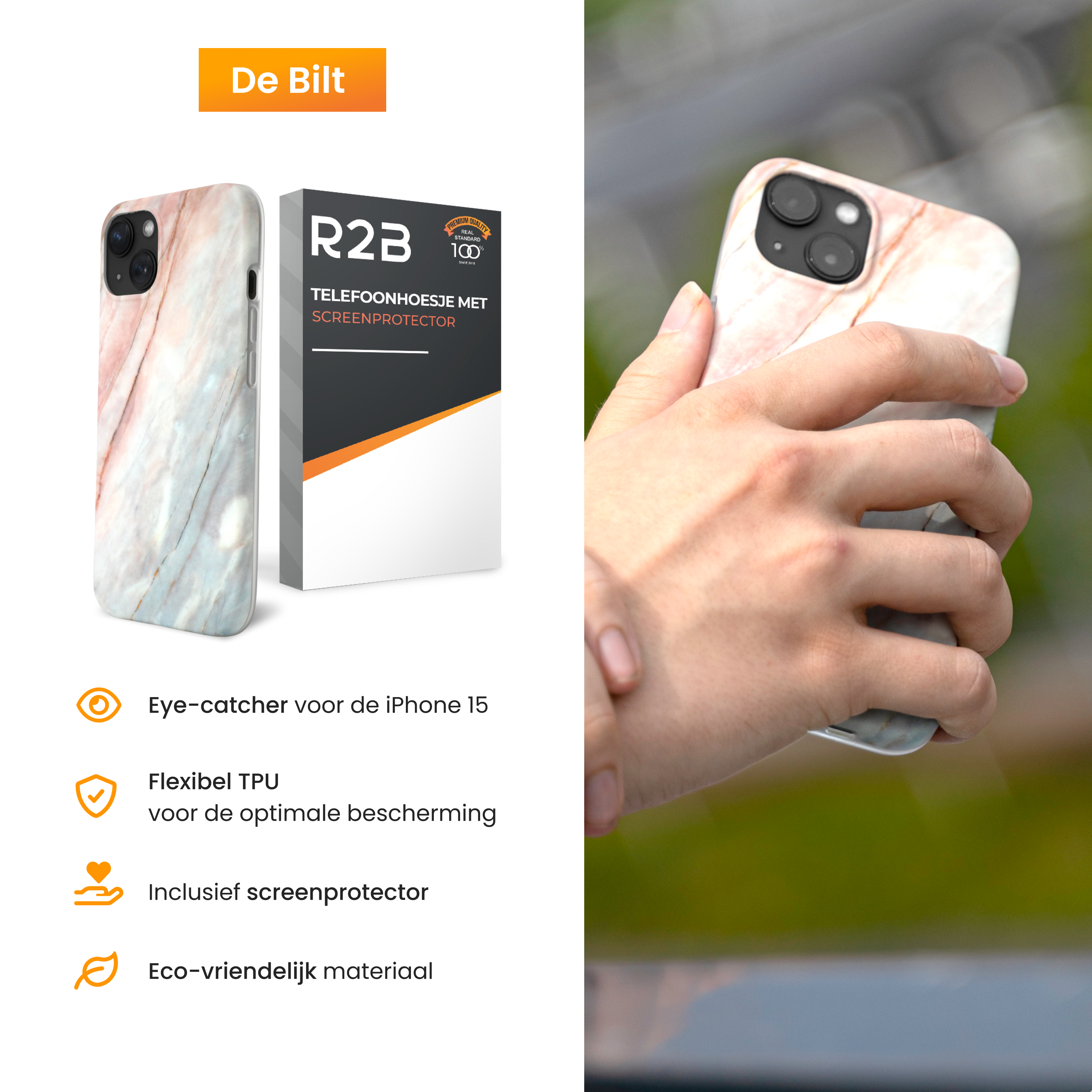 A person holds a phone in a marble-patterned case. The case is next to its packaging, with text and icons.