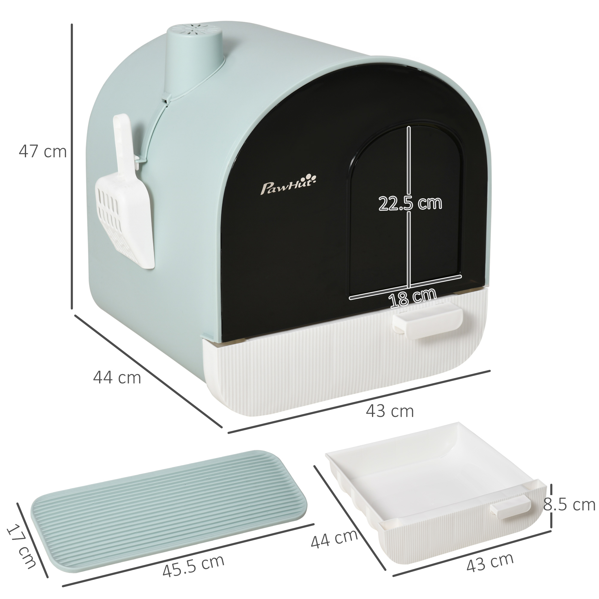 Eine Katzentoilette mit Schaufel, Matte und Tablett. Sie ist hellblau und weiß. Abmessungen sind angegeben.