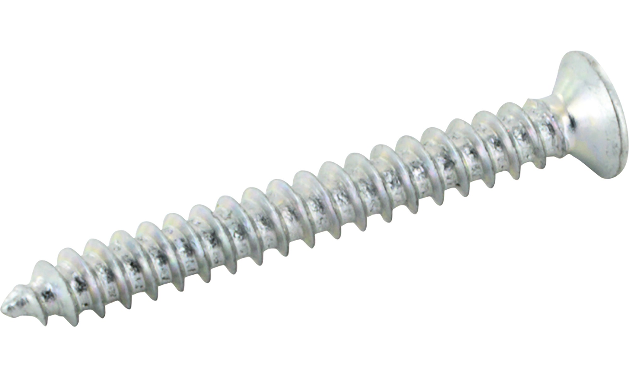 Eine silberne Schraube mit breitem Kopf und spitzem Ende. Sie hat spiralförmige Gewinde.