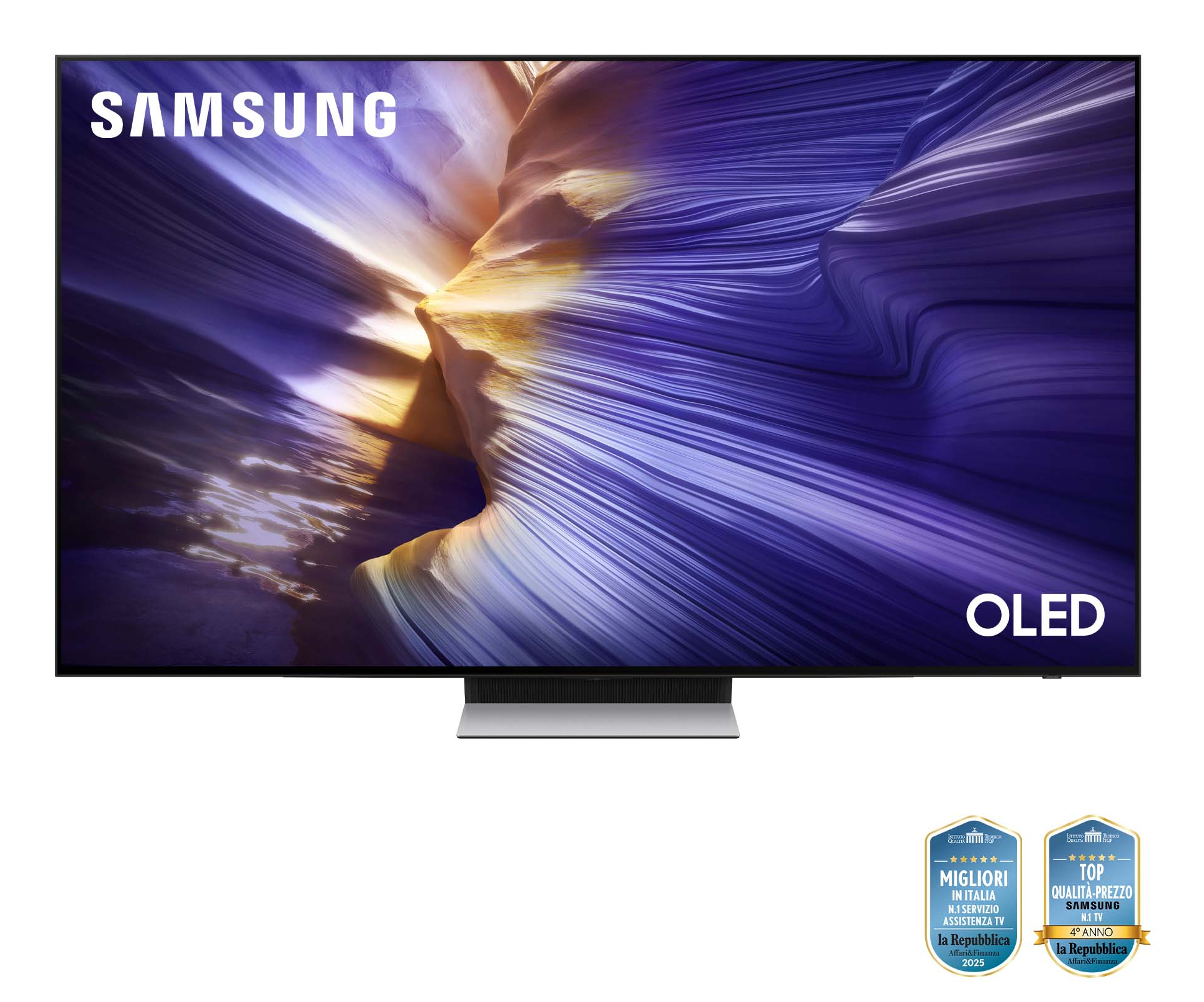 Samsung OLED-Fernseher. Der Bildschirm zeigt ein abstraktes Bild in Lila und Gelb. Darunter zwei Auszeichnungen.