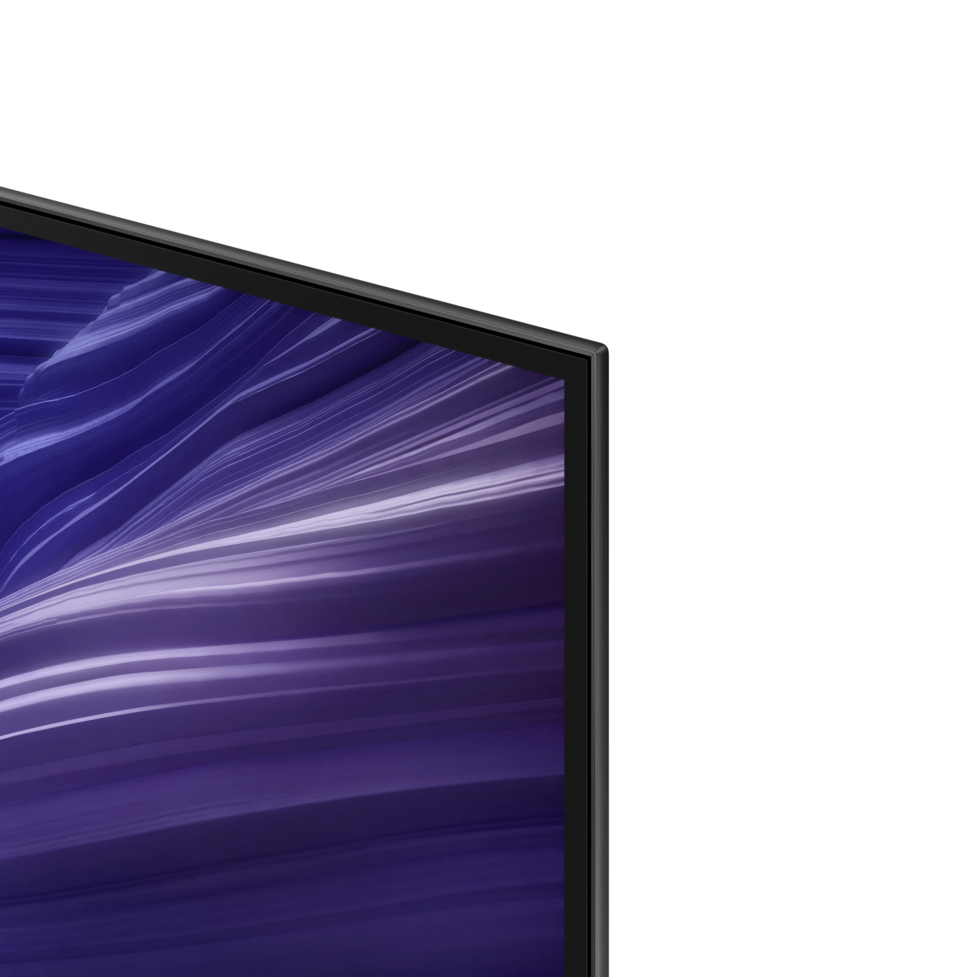 Gros plan d'un écran de télévision. Motif abstrait violet et blanc remplit l'écran. Cadre noir visible.