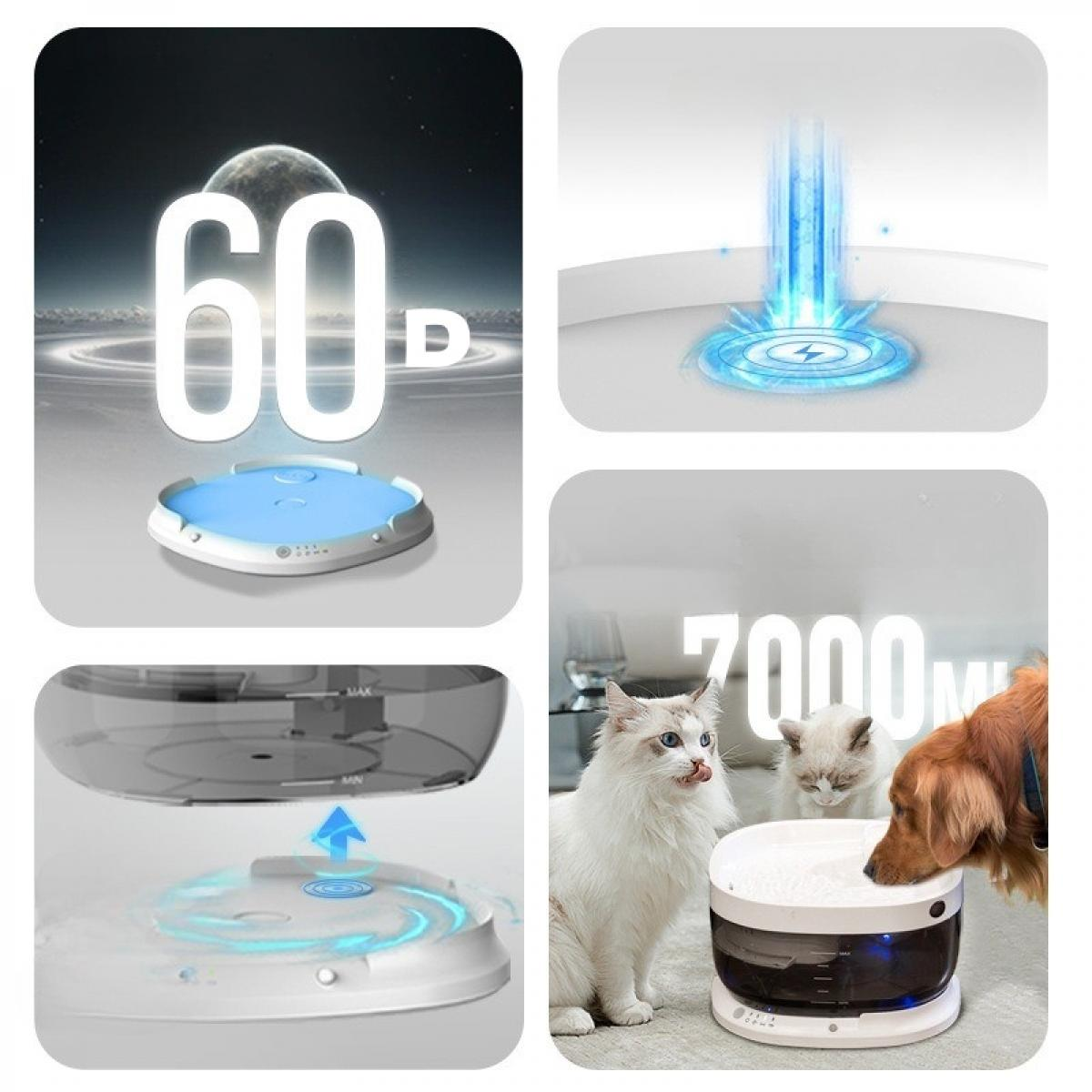Das Bild zeigt einen Trinkbrunnen für Haustiere mit der Nummer 60D und 7000ml, trinkende Katzen und einen Hund sowie einen Ladeeffekt.