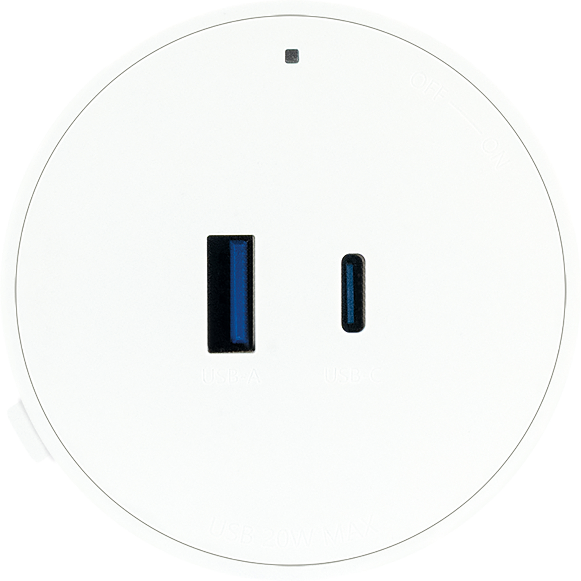 Weißes USB-Ladegerät mit zwei Anschlüssen: USB-A und USB-C. Kleiner quadratischer Indikator oben. Text: USB 20W MAX.